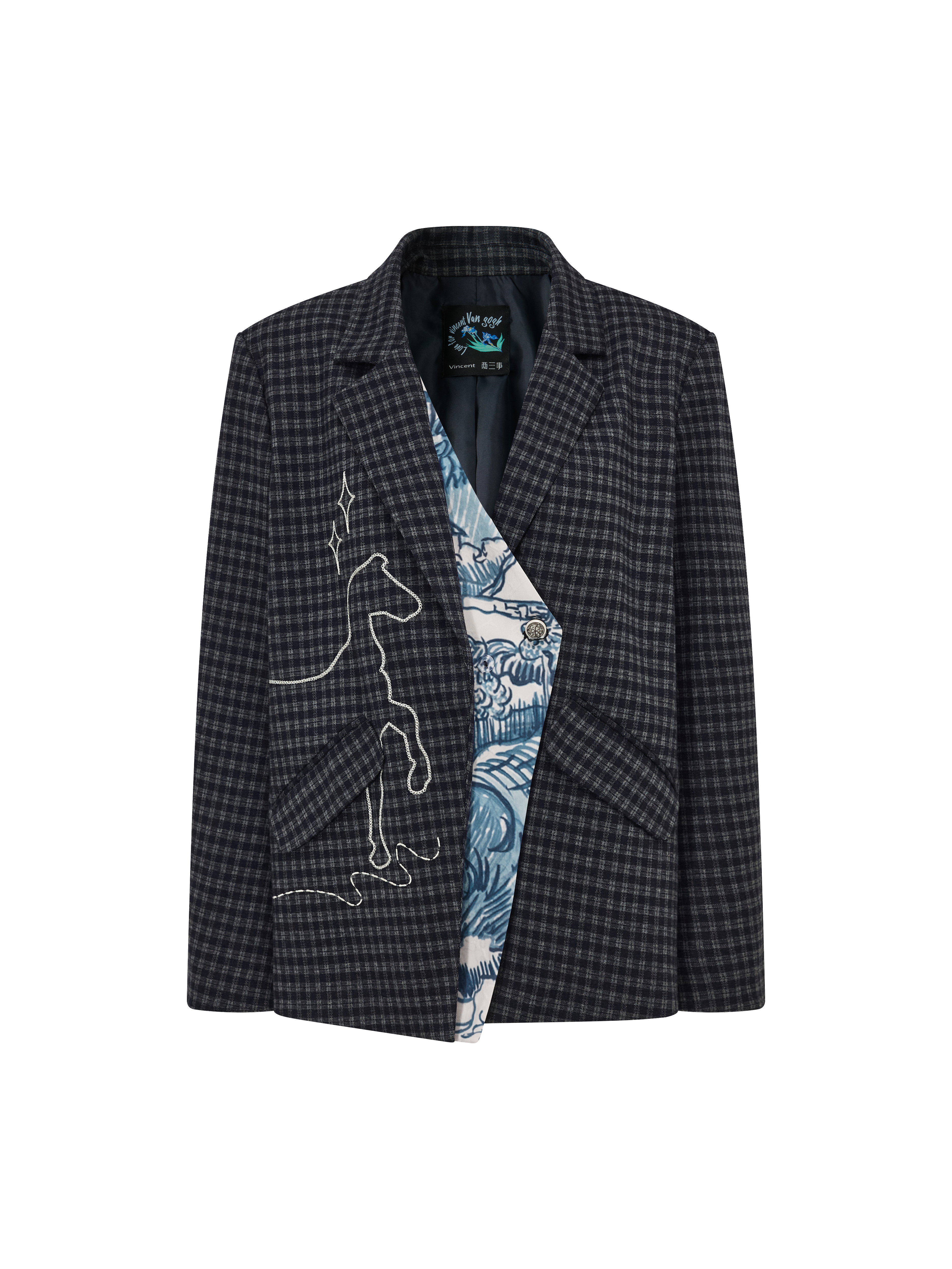 Textured Print Turn-Down Collar Cropped Suit Jacket