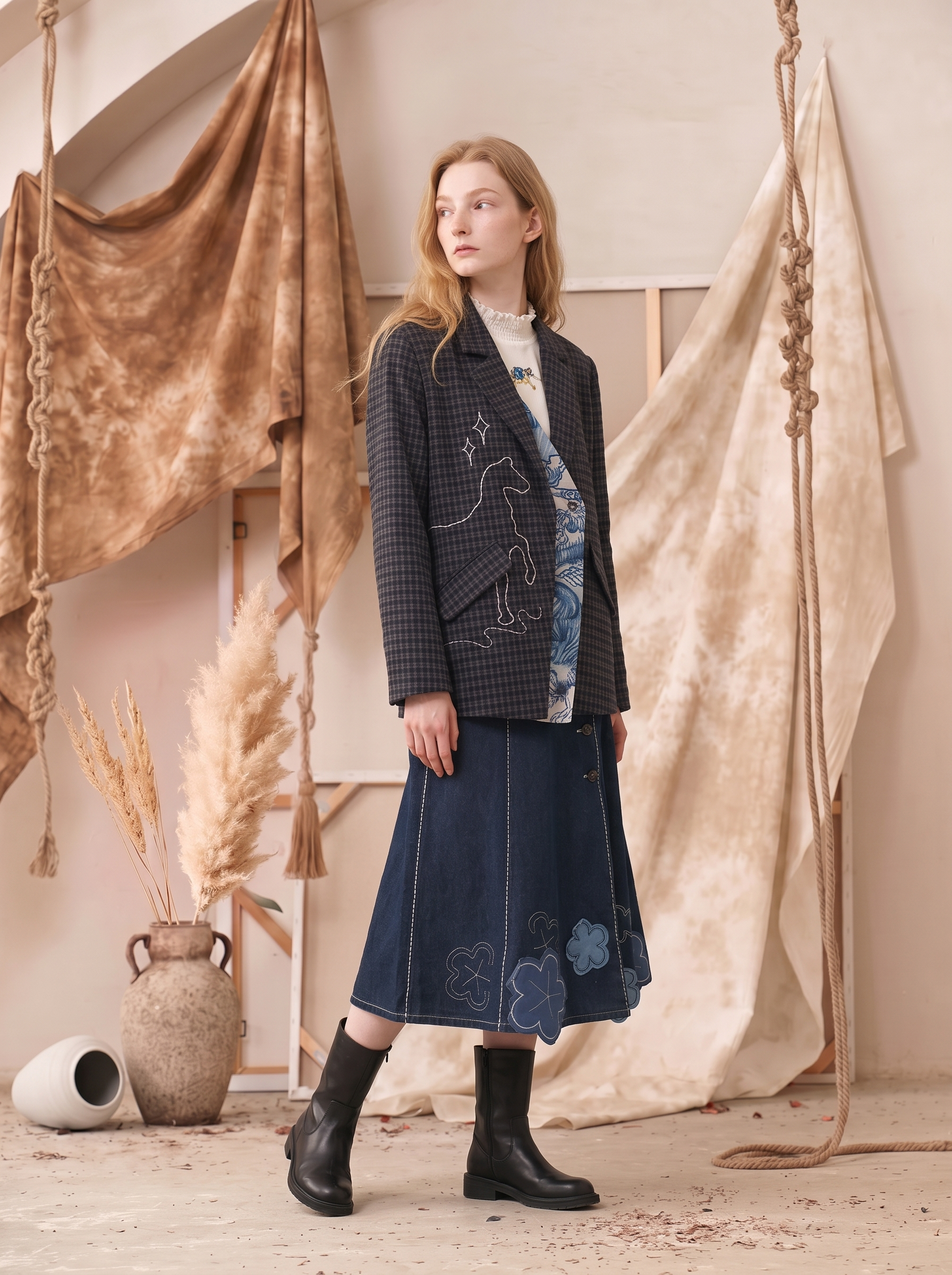 Textured Print Turn-Down Collar Cropped Suit Jacket