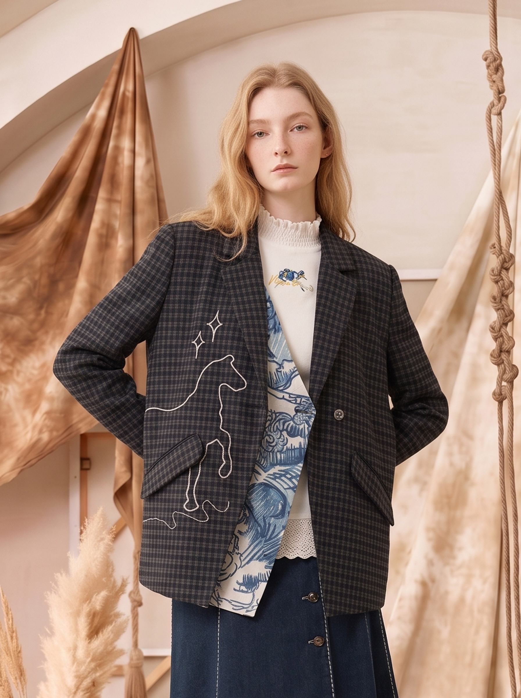 Textured Print Turn-Down Collar Cropped Suit Jacket