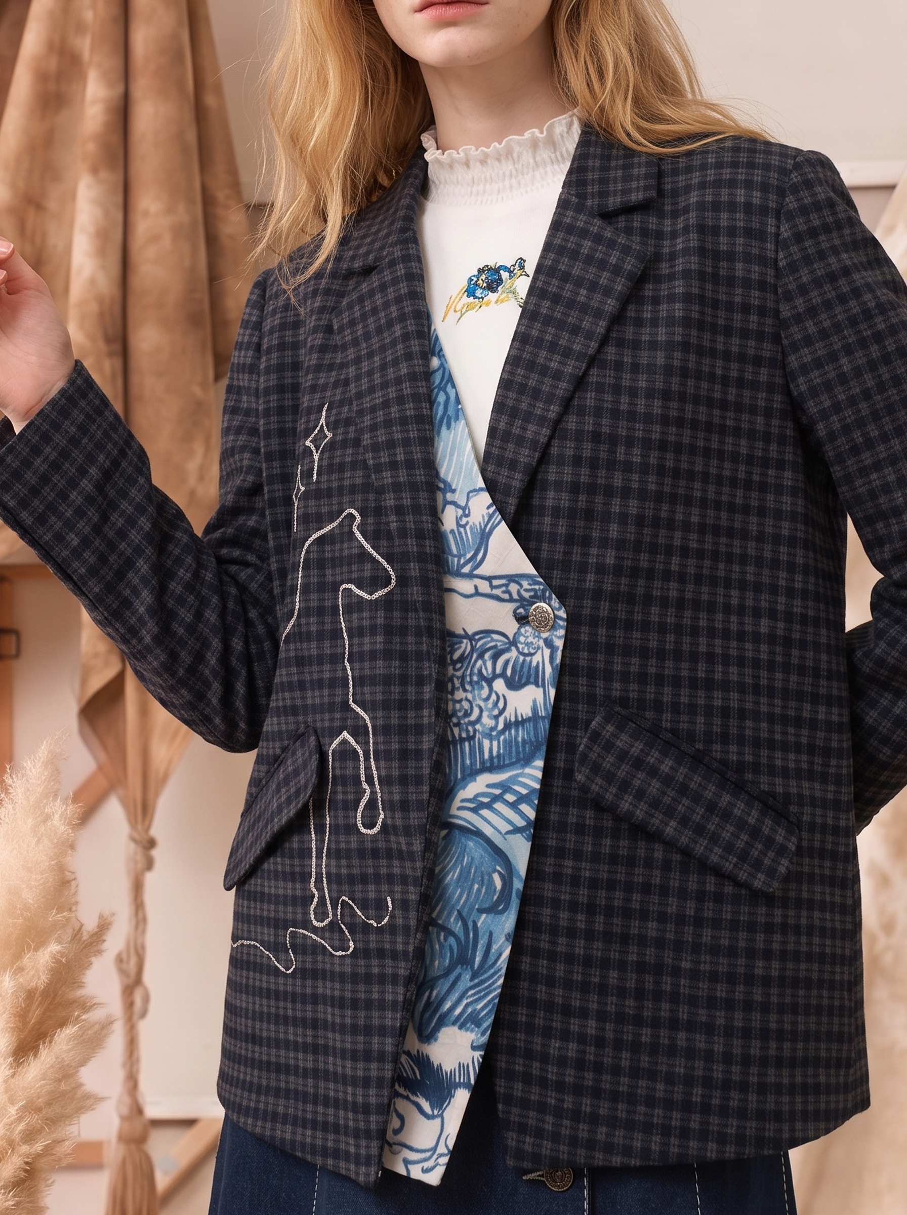 Textured Print Turn-Down Collar Cropped Suit Jacket