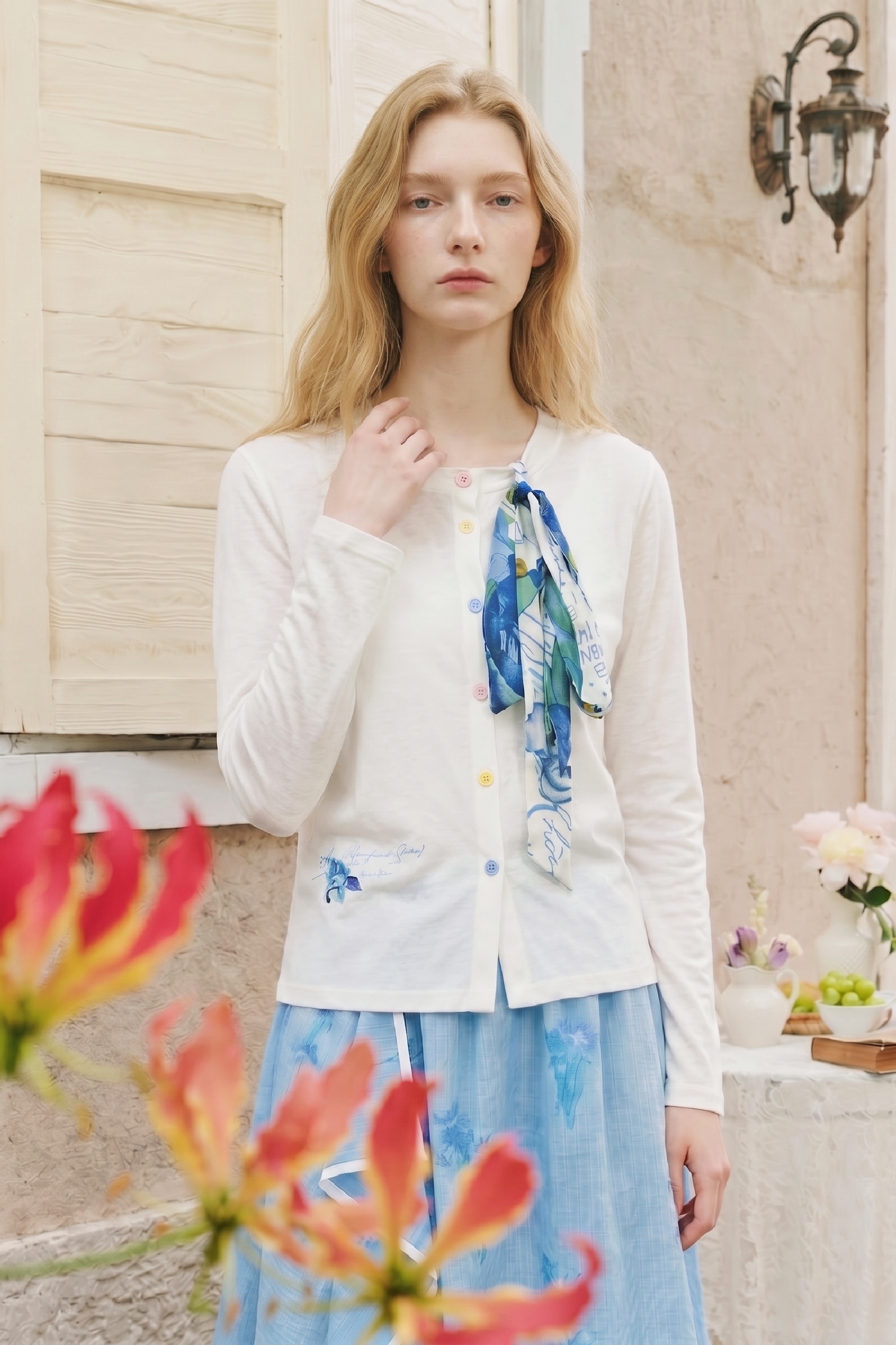Printed Ribbon Detail Knit Top