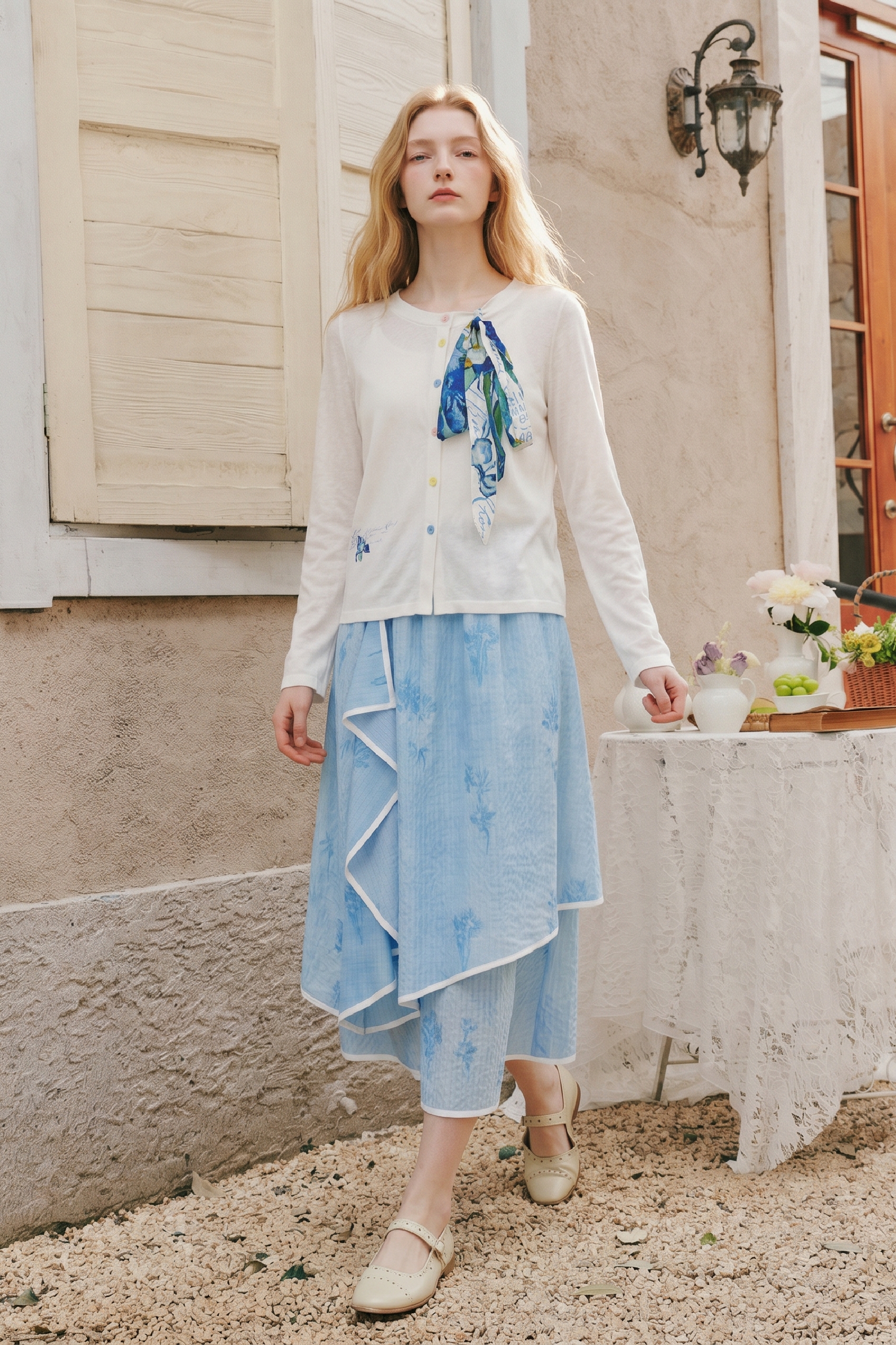 Printed Ribbon Detail Knit Top