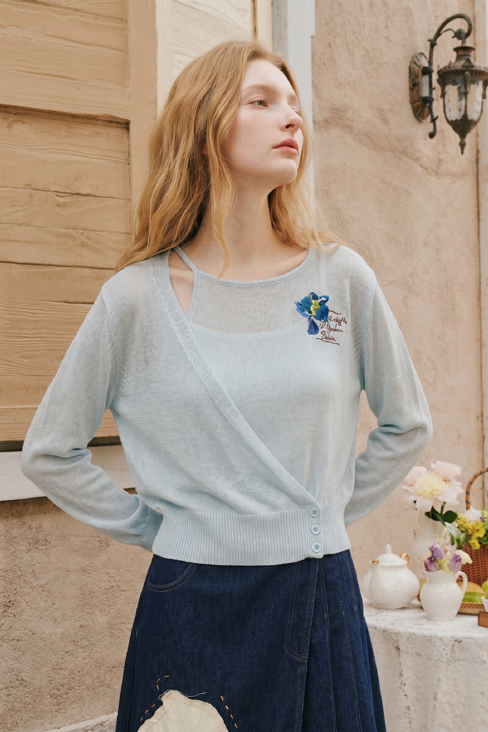 Waist Cinched Embroidered Knit Top