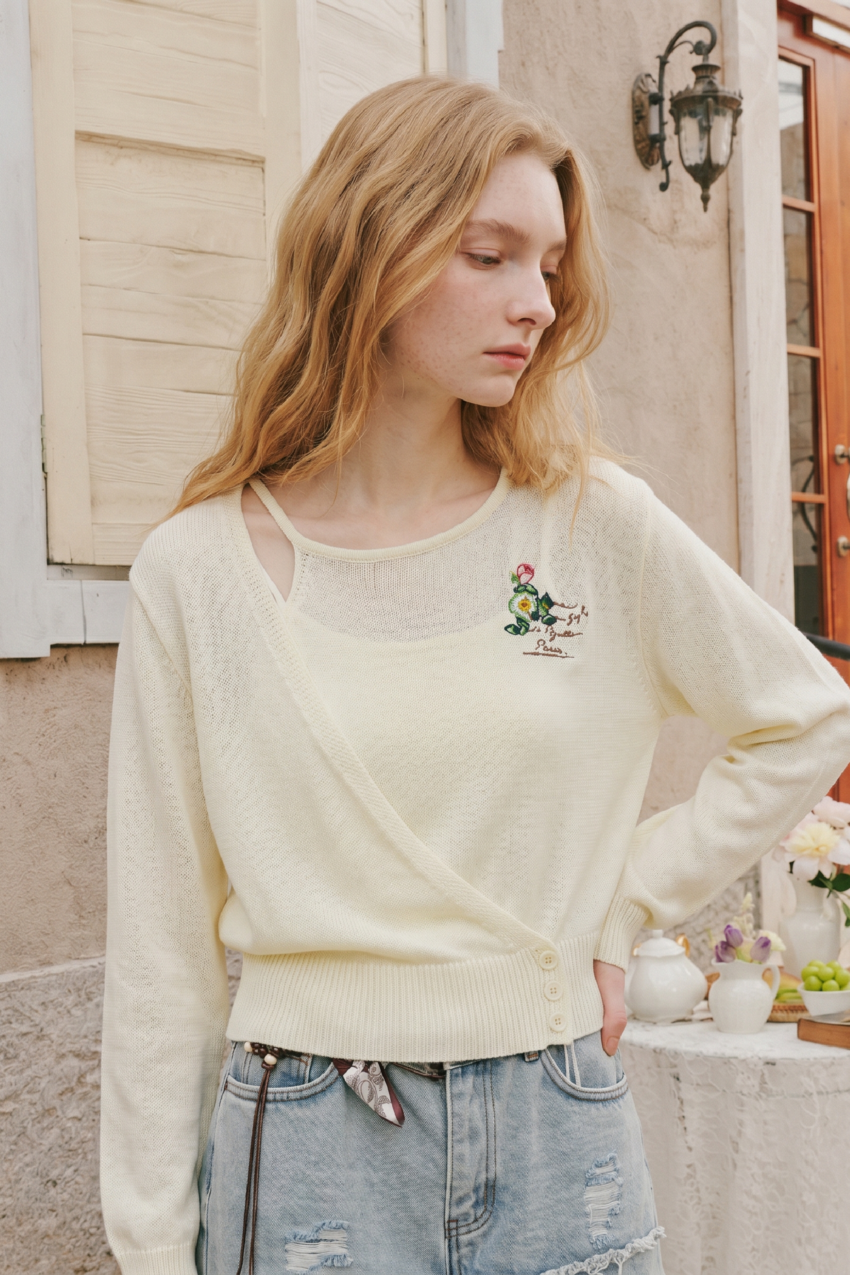 Waist Cinched Embroidered Knit Top