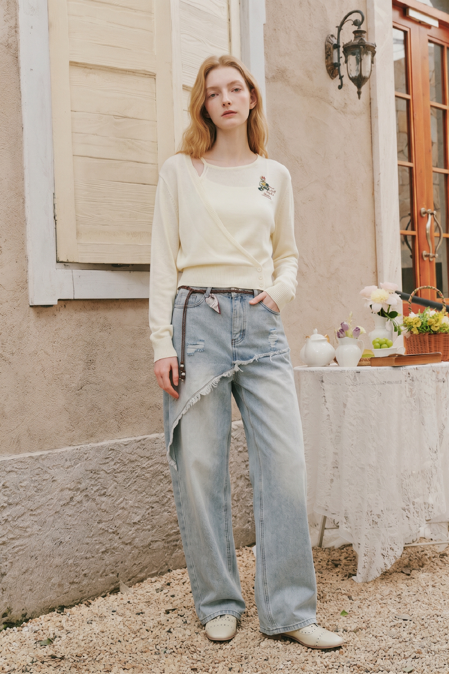 Waist Cinched Embroidered Knit Top