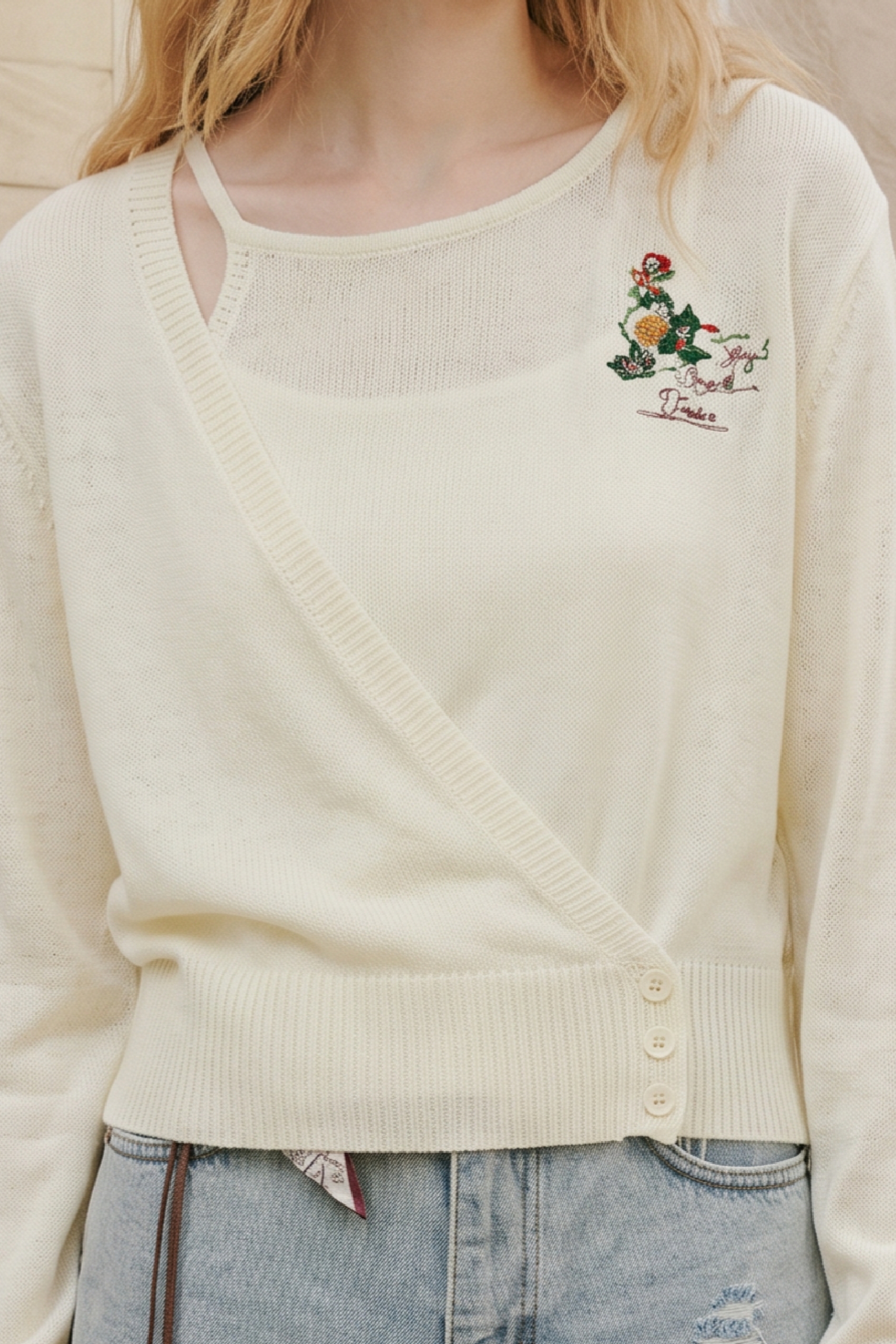 Waist Cinched Embroidered Knit Top