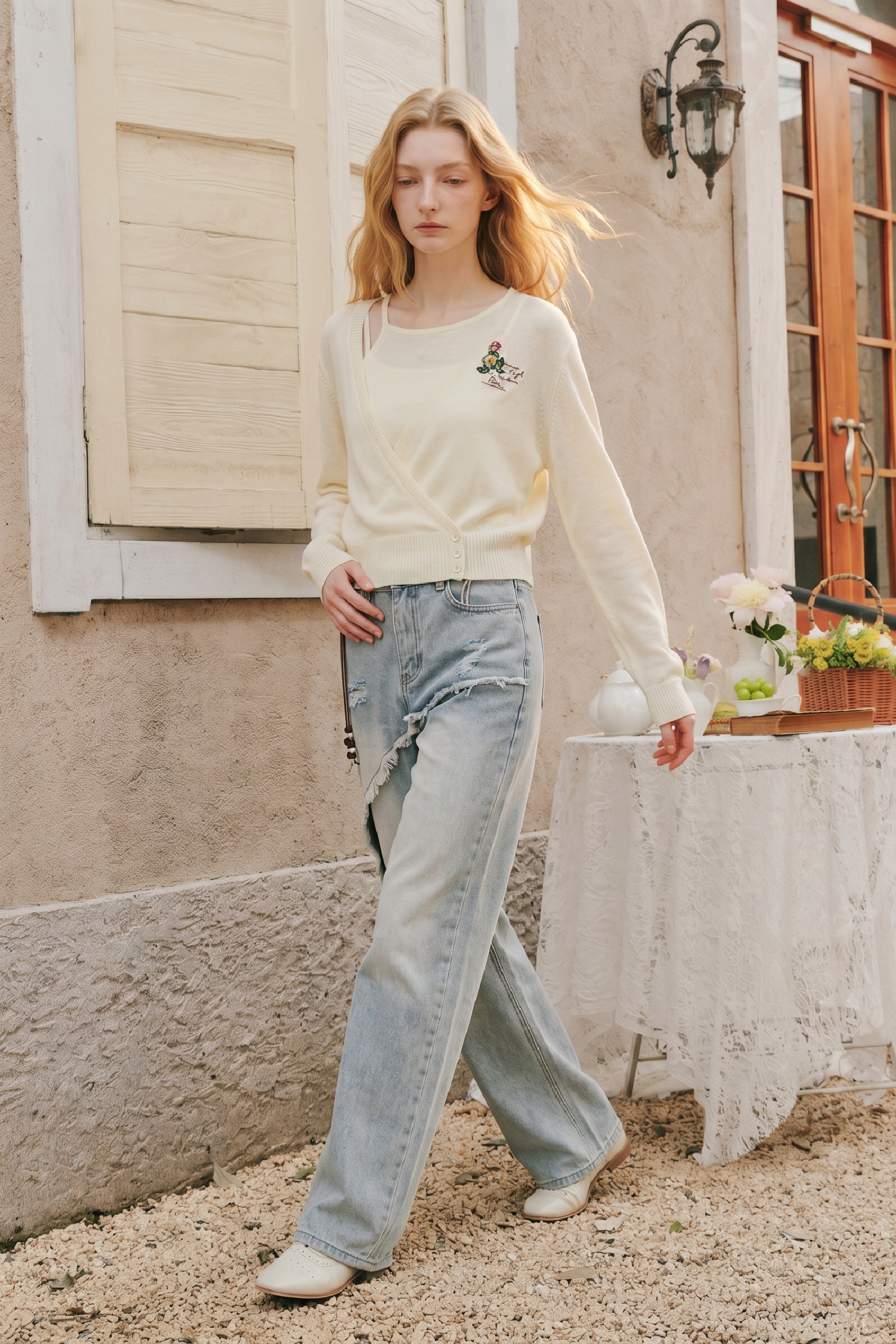 Waist Cinched Embroidered Knit Top