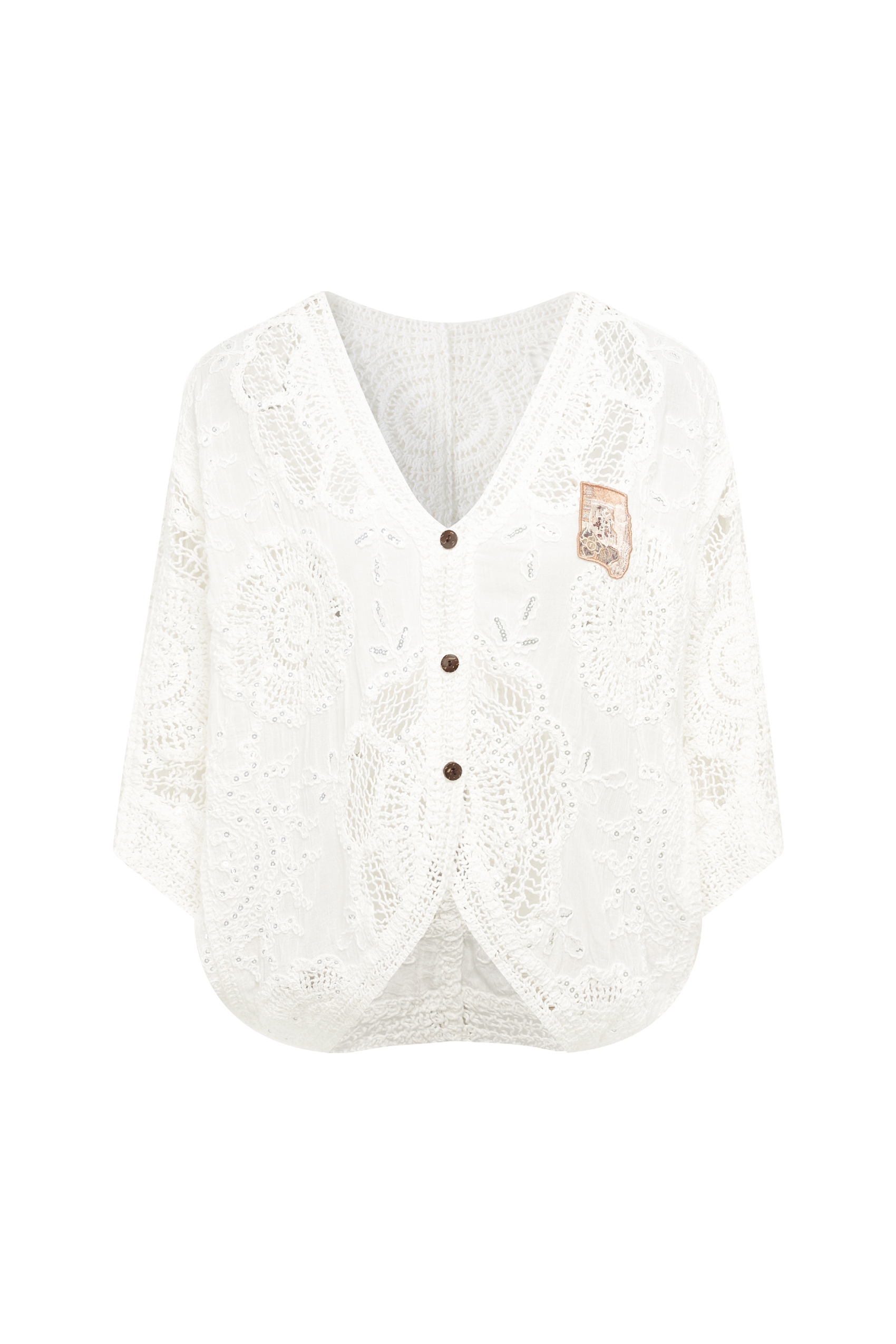 White Lace Crochet Cardigan with V-Neck-LYONSENS