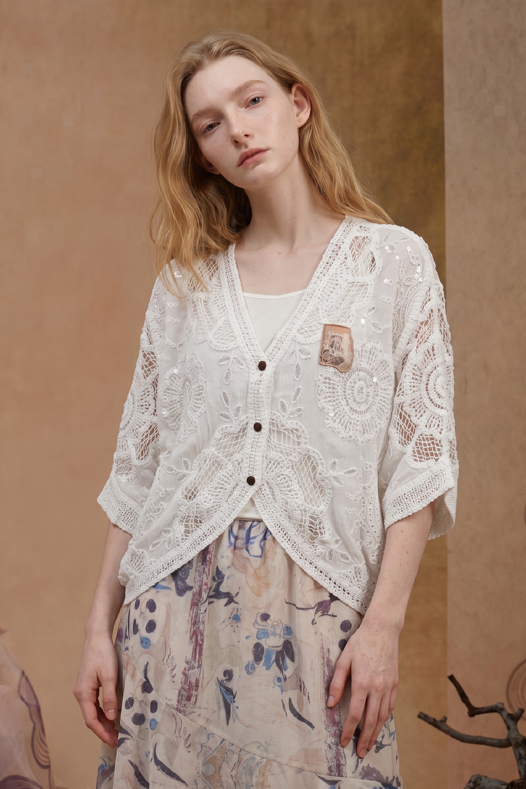 White Lace Crochet Cardigan with V-Neck-LYONSENS