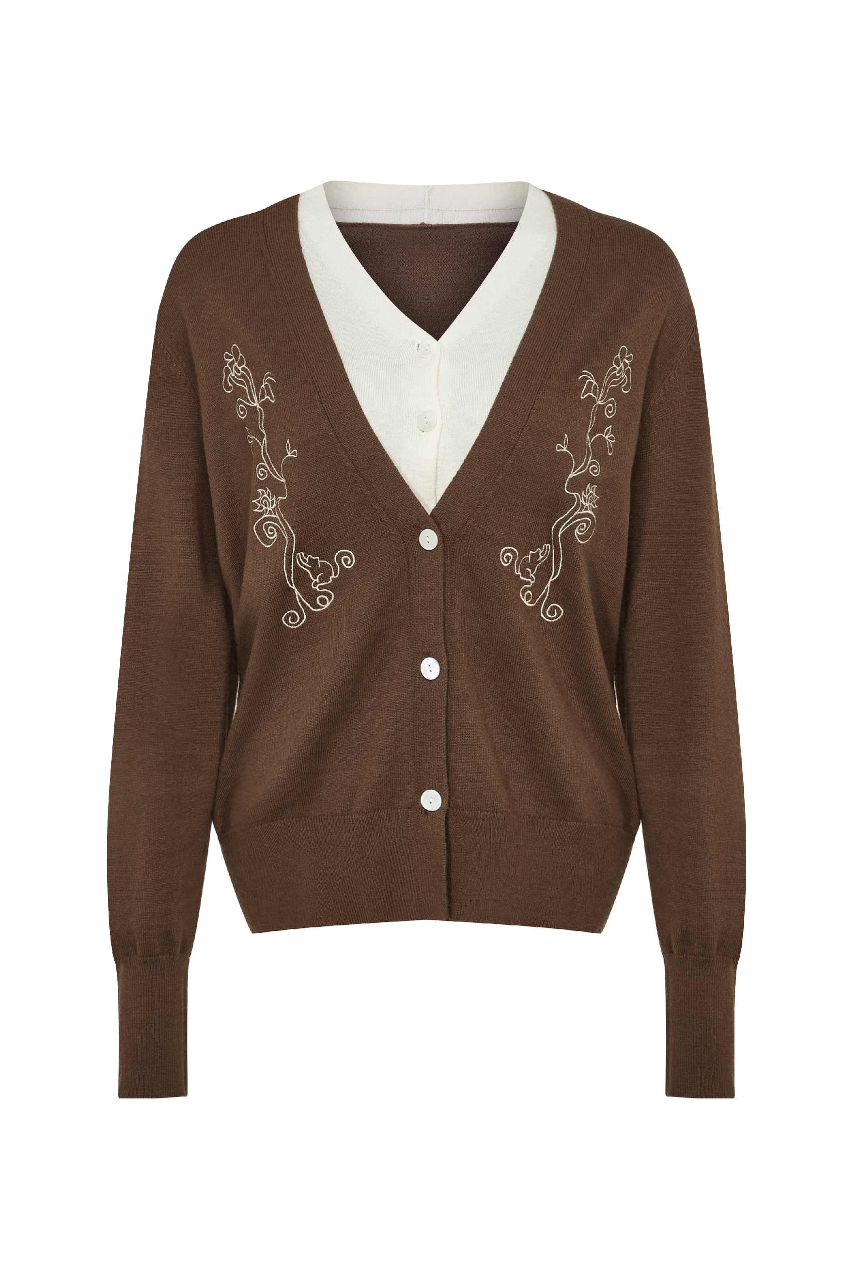 Brown Folk Embroidered Tie-Front Cardigan-LYONSENS