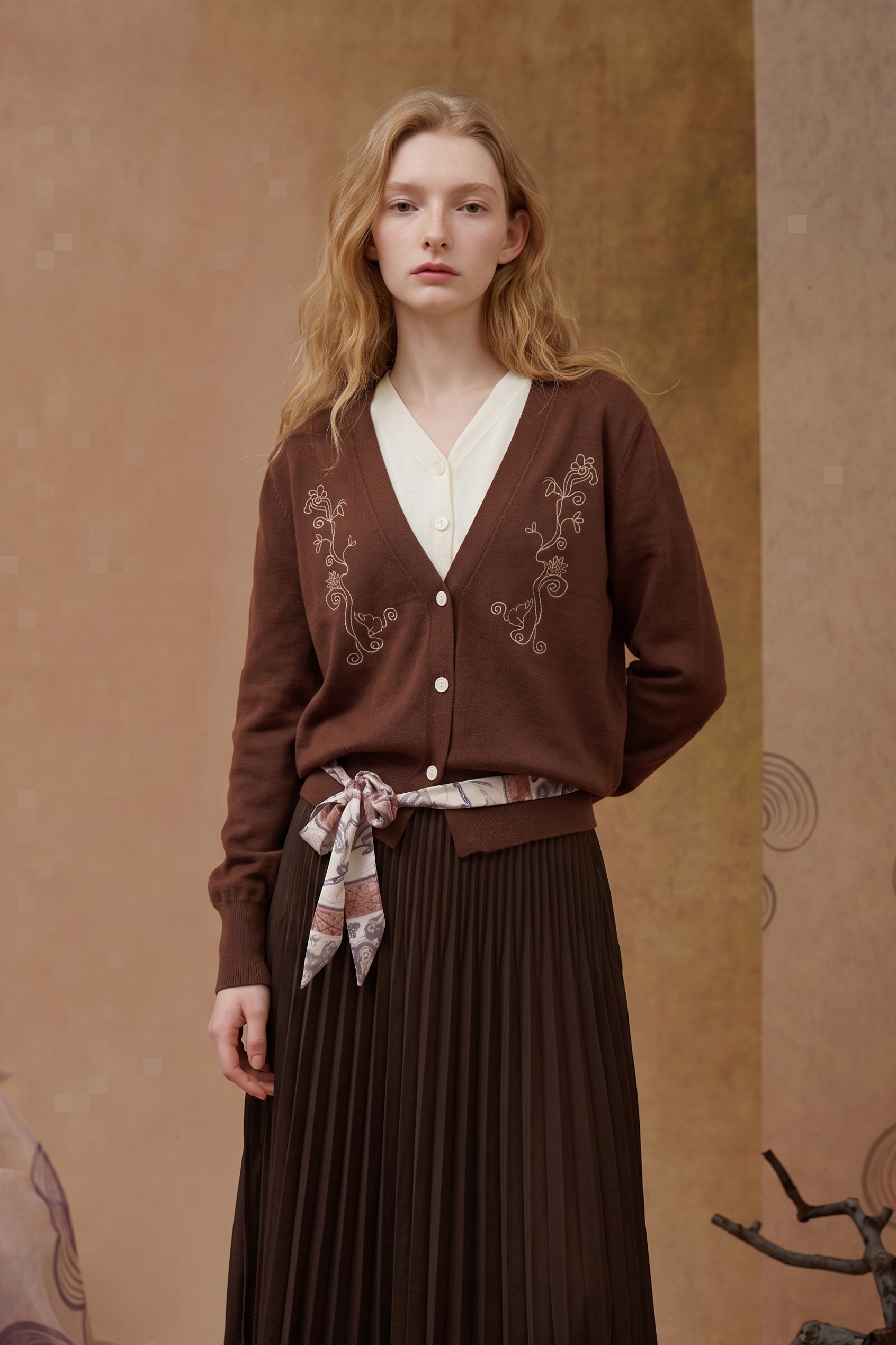 Brown Folk Embroidered Tie-Front Cardigan-LYONSENS