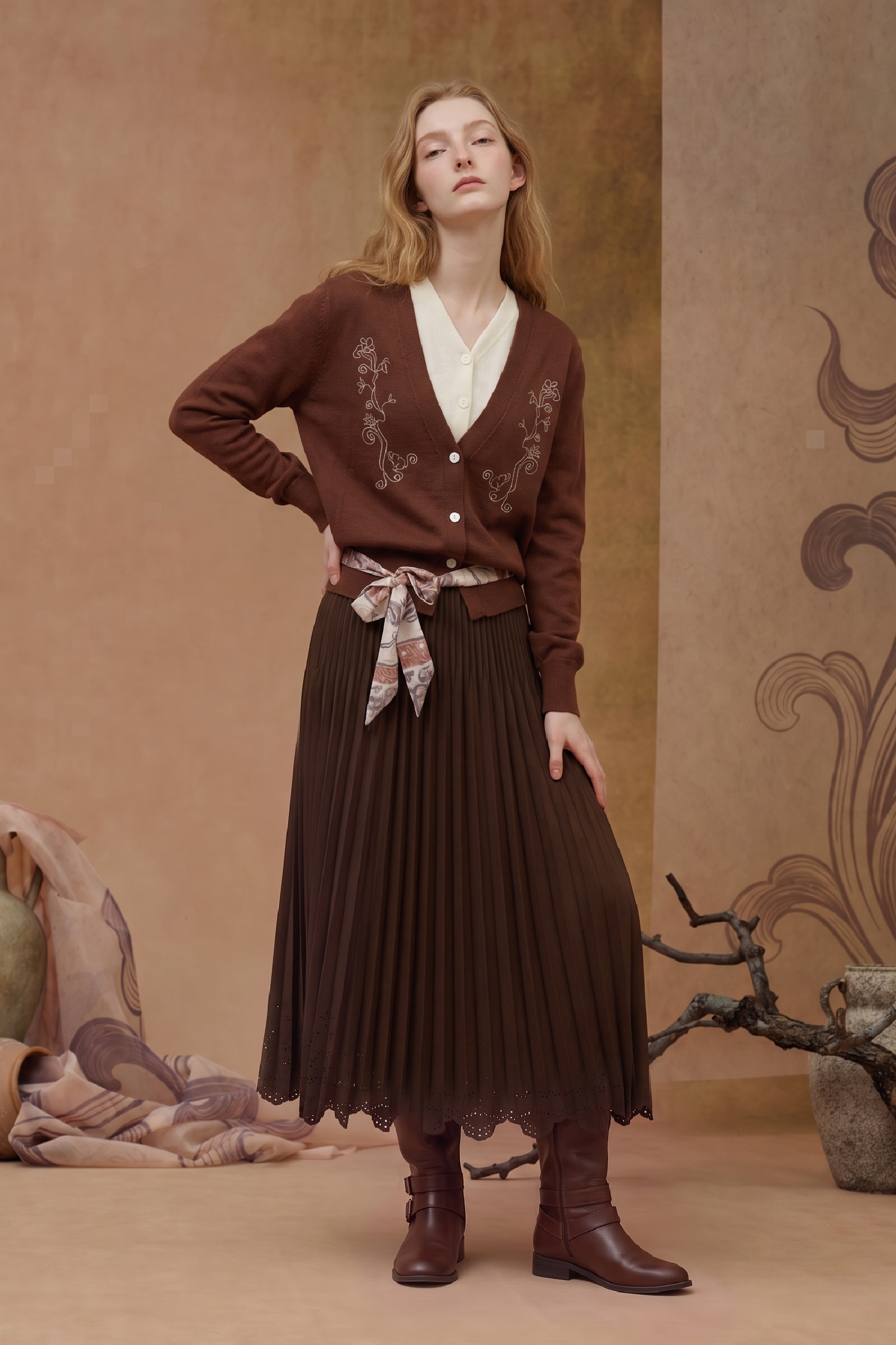 Brown Folk Embroidered Tie-Front Cardigan-LYONSENS