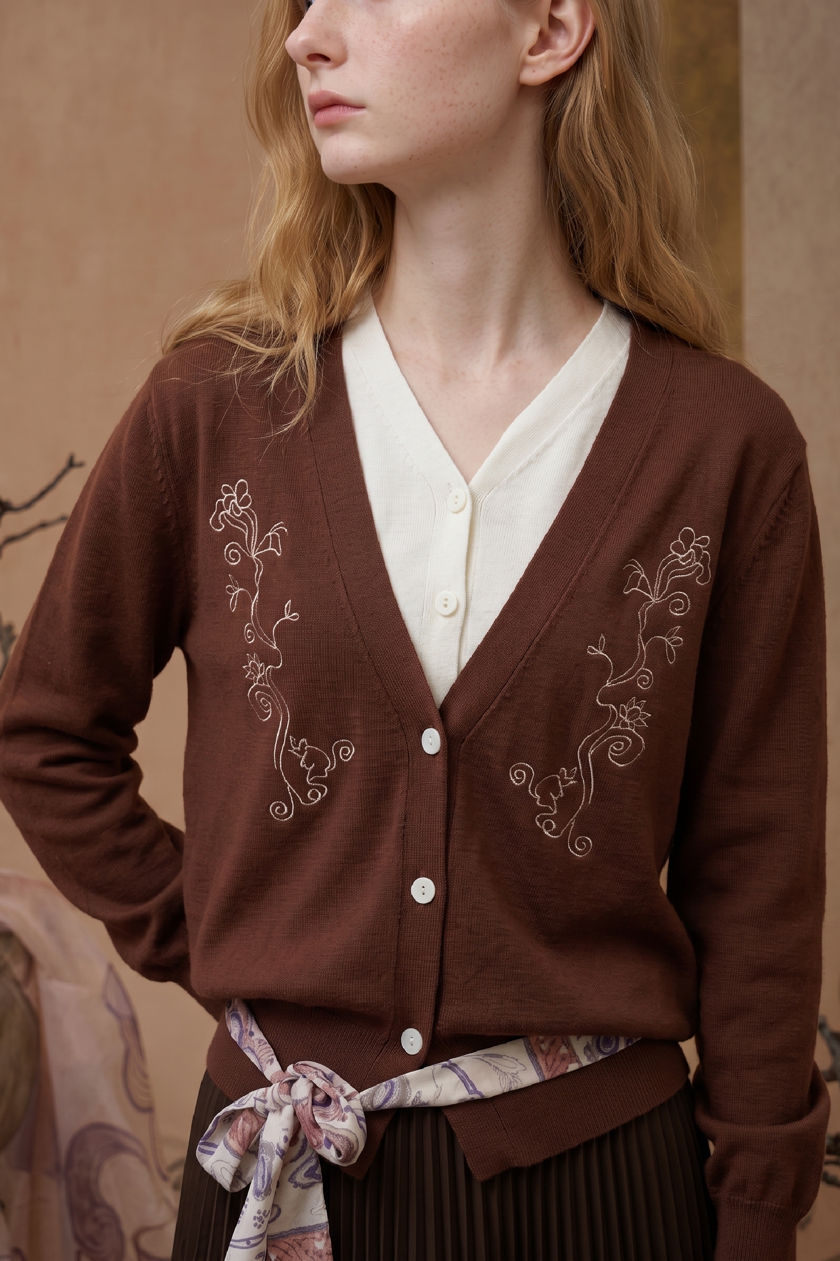 Brown Folk Embroidered Tie-Front Cardigan-LYONSENS
