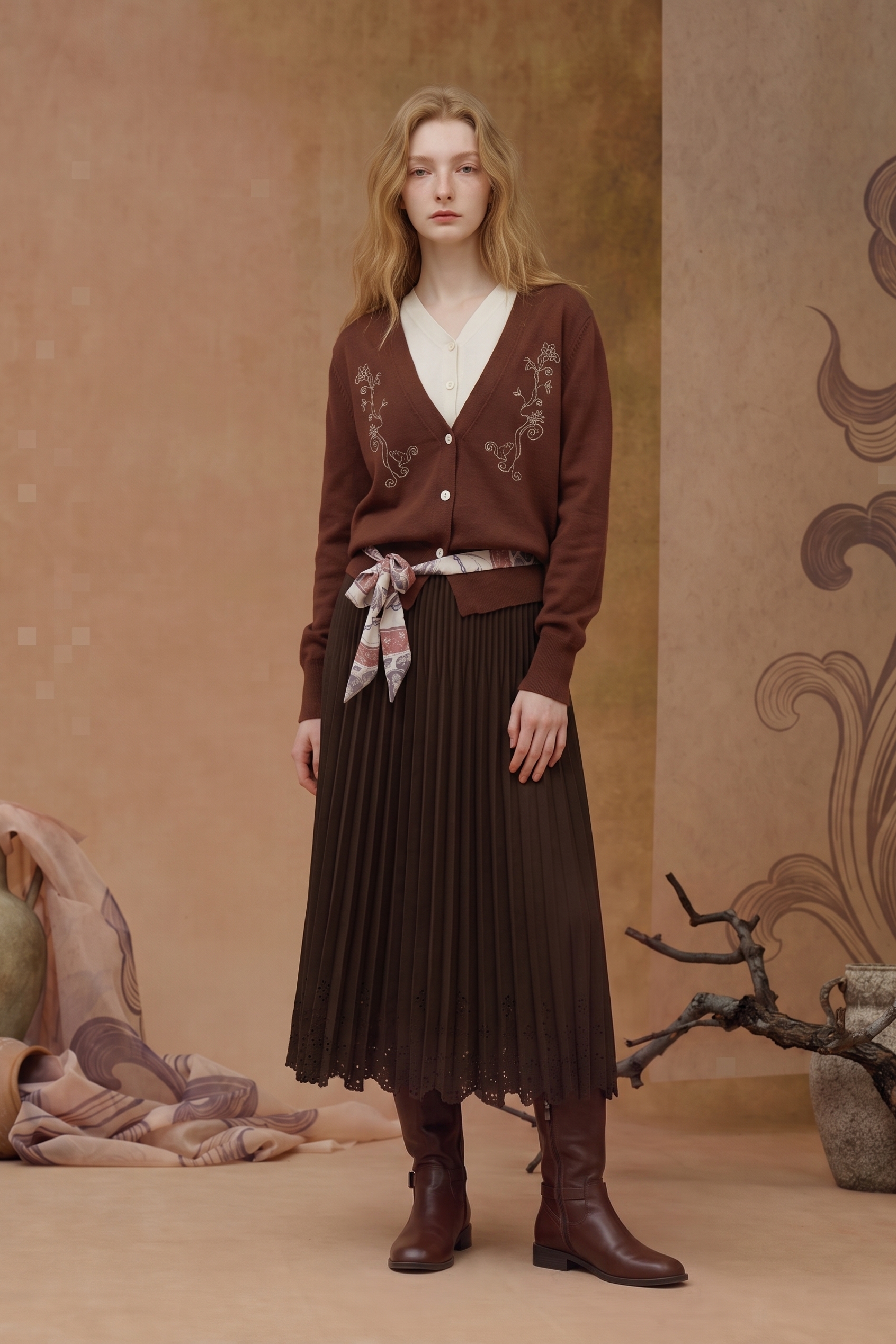 Brown Folk Embroidered Tie-Front Cardigan-LYONSENS