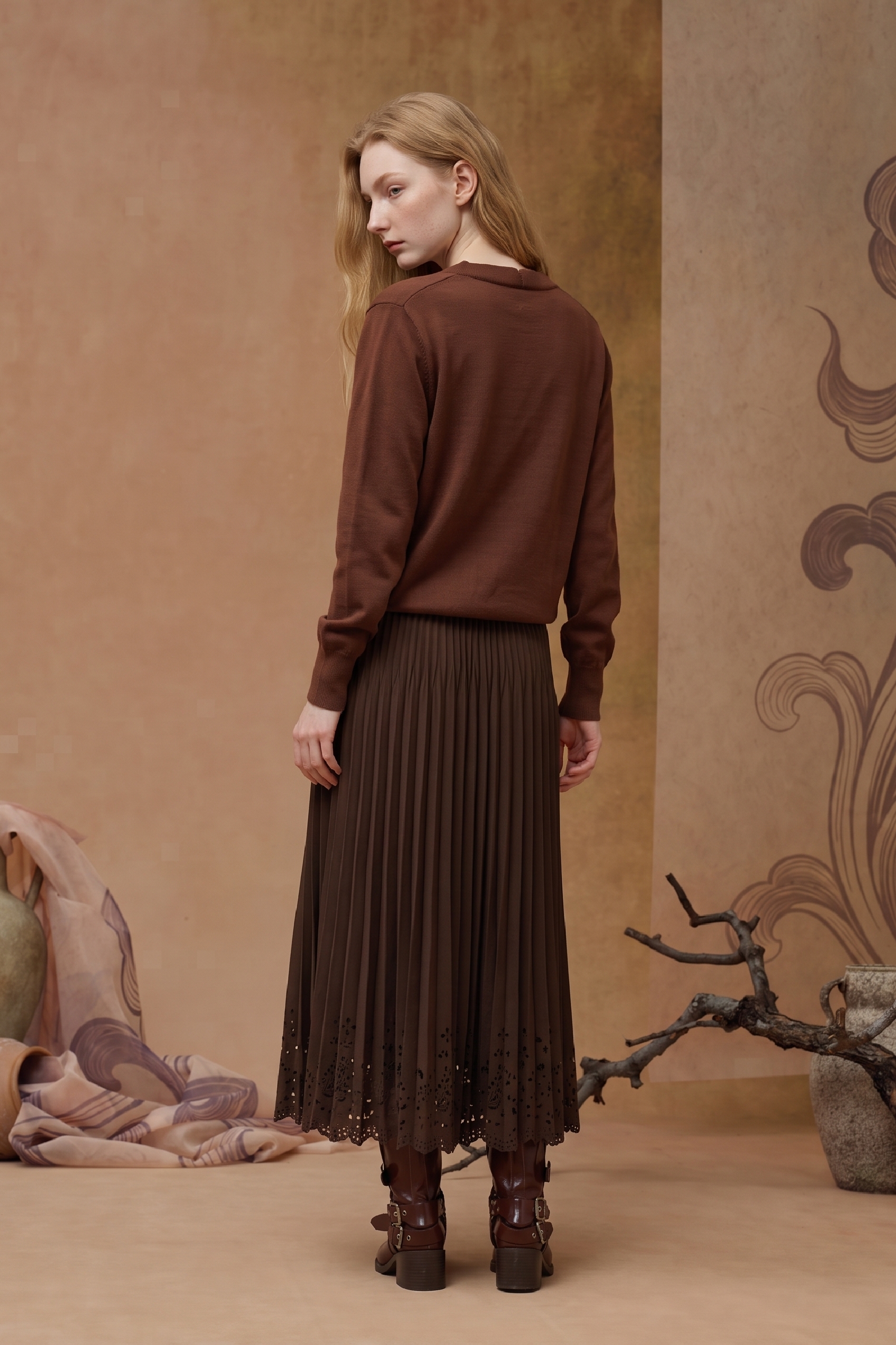 Brown Folk Embroidered Tie-Front Cardigan-LYONSENS