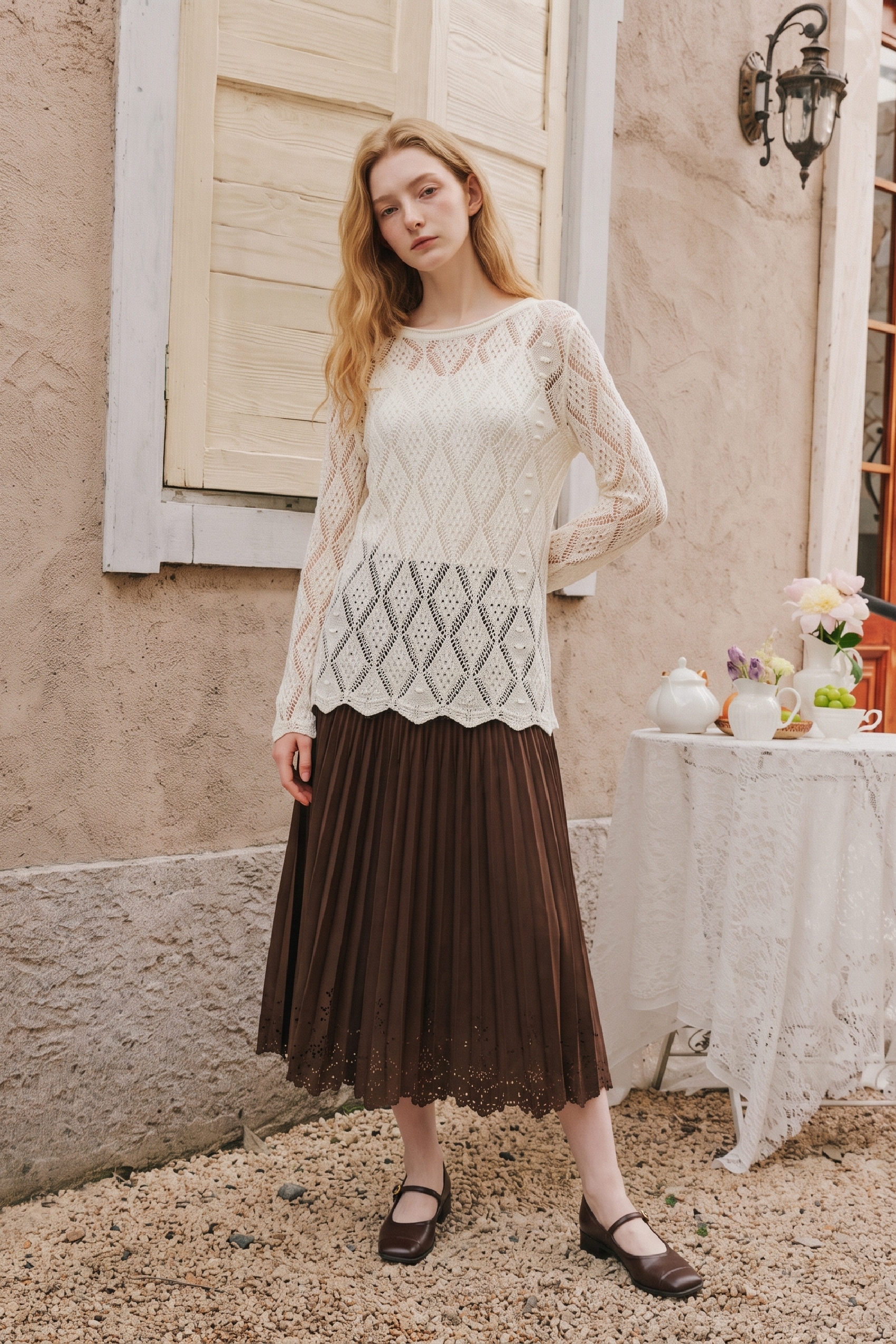 Hollow‑out Long‑sleeve Knit Top