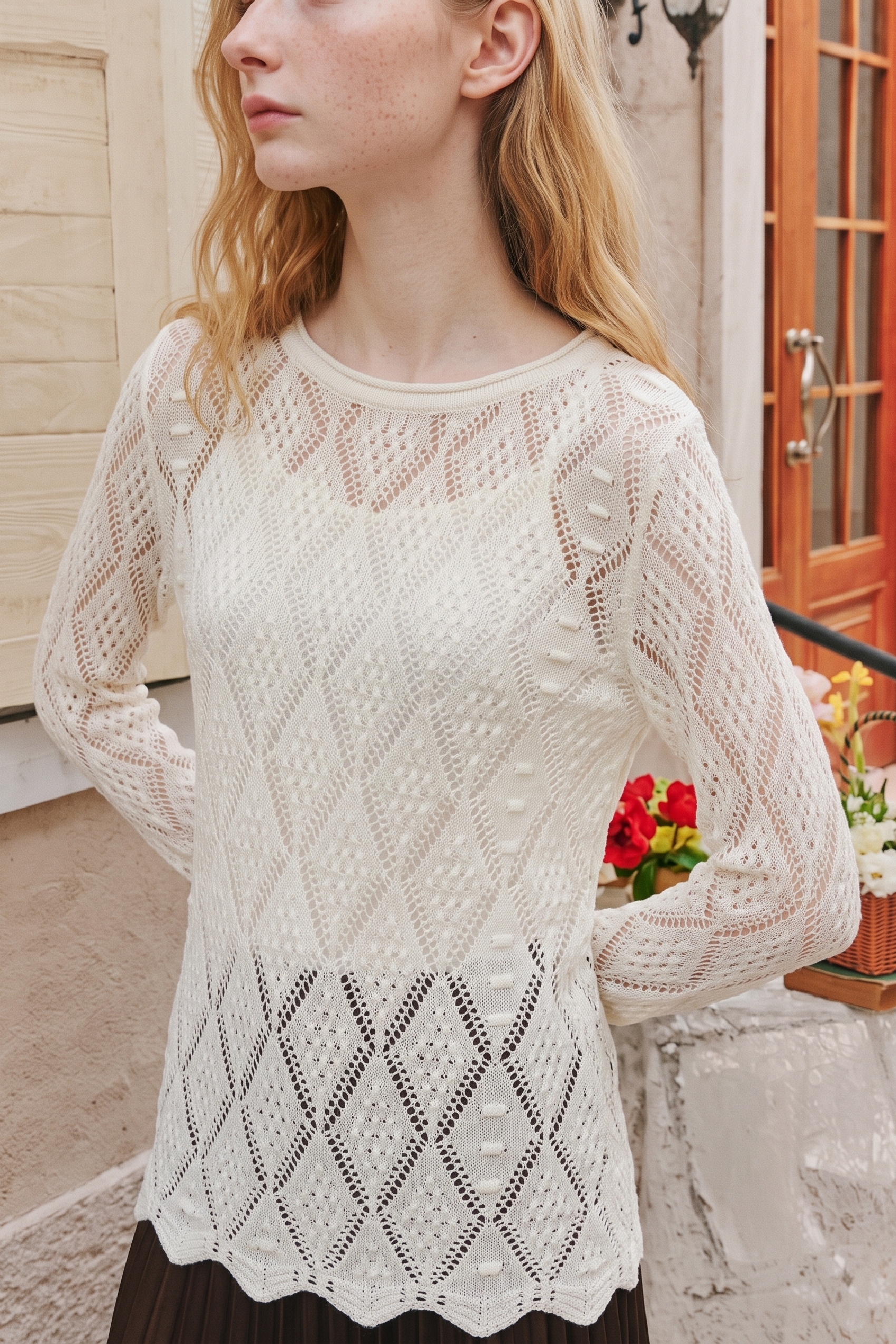 Hollow‑out Long‑sleeve Knit Top