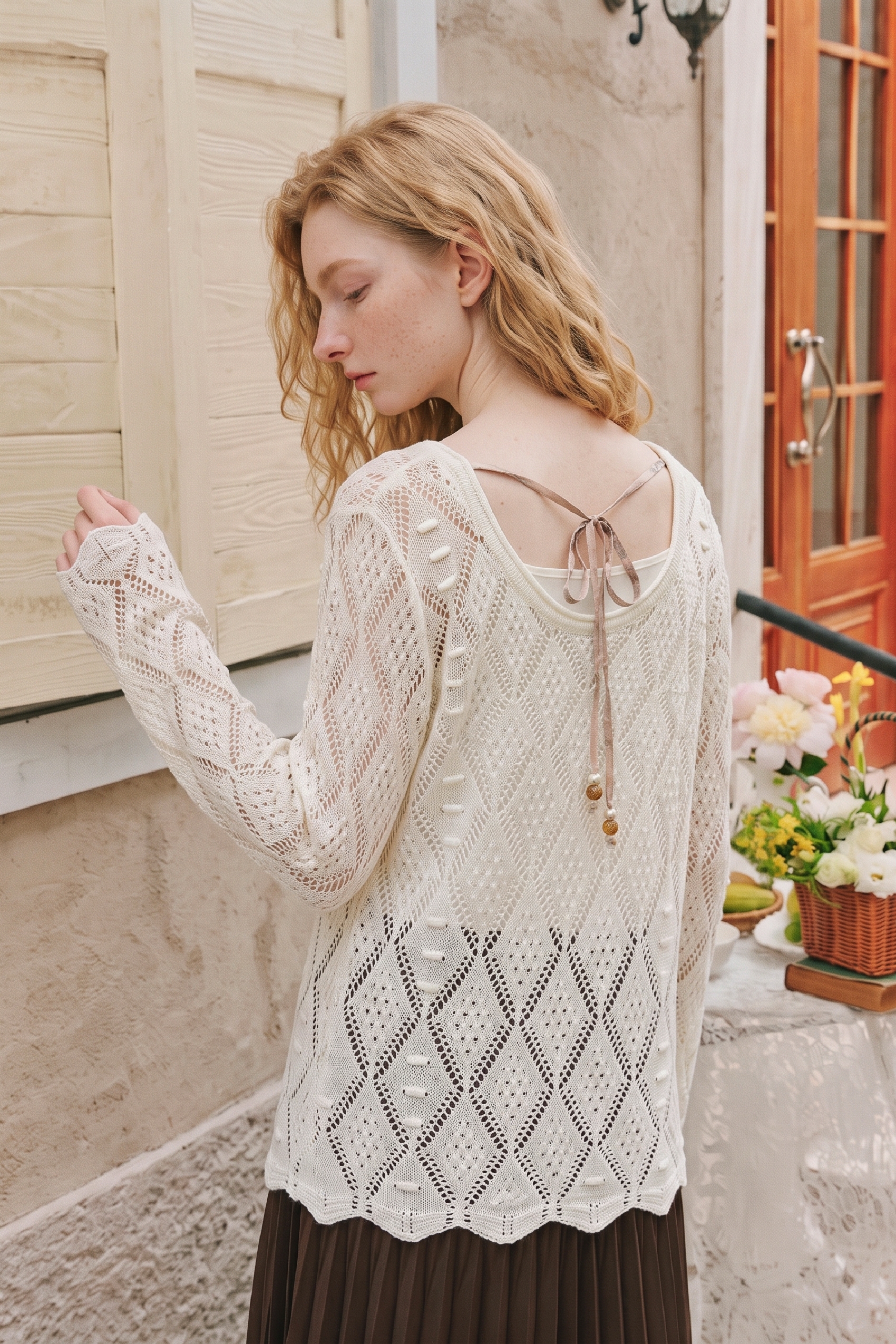 Hollow‑out Long‑sleeve Knit Top