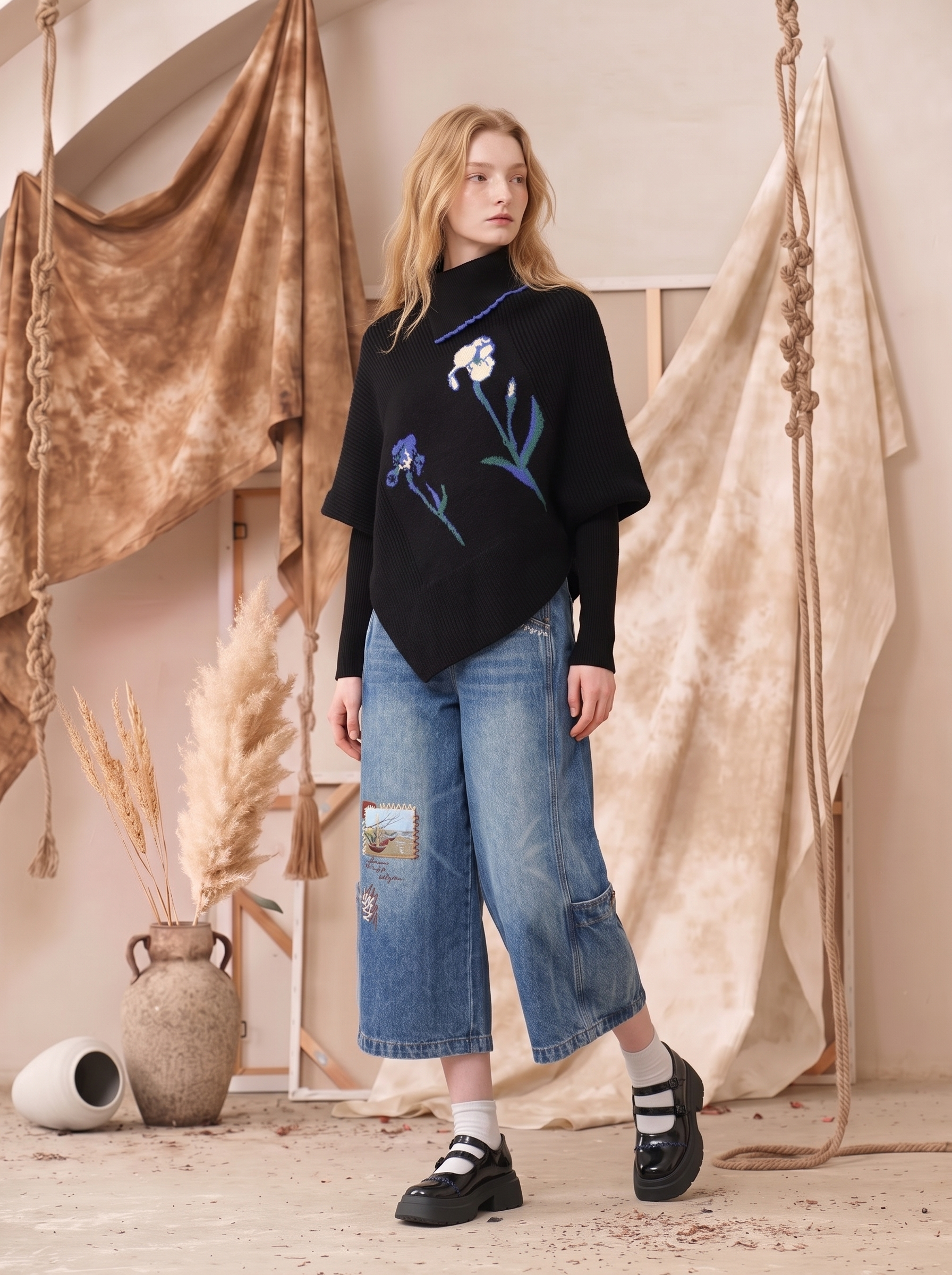 Chinese-Style Floral Embroidered Waist-Defining Wool Knit Top