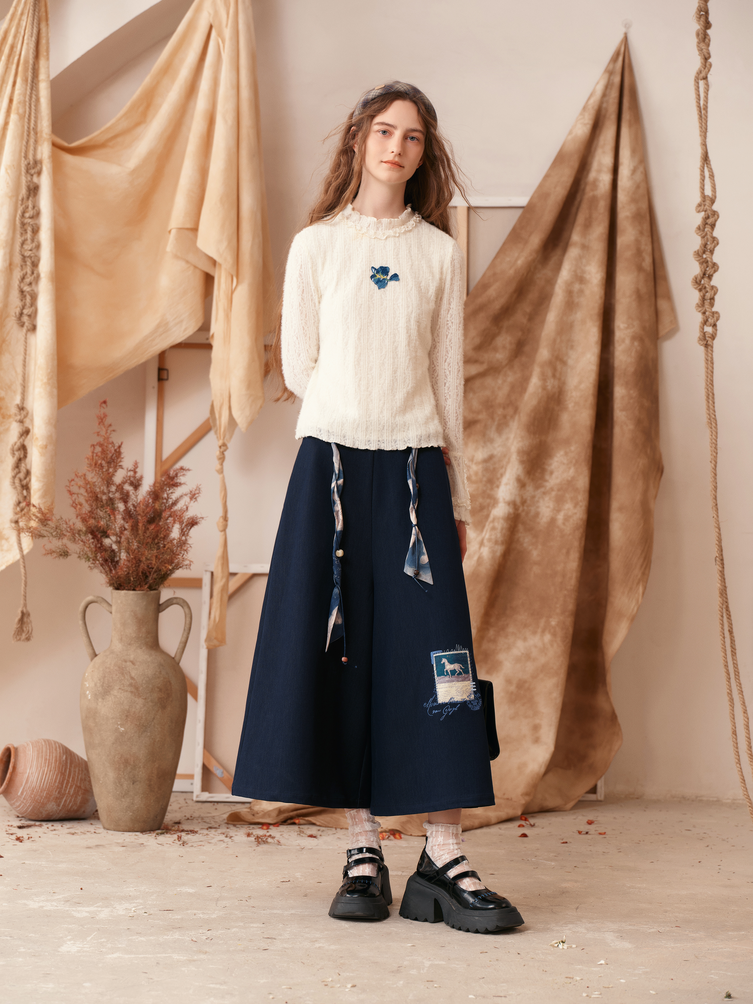 Mock Neck Printed Long Sleeve Wool Knit Top