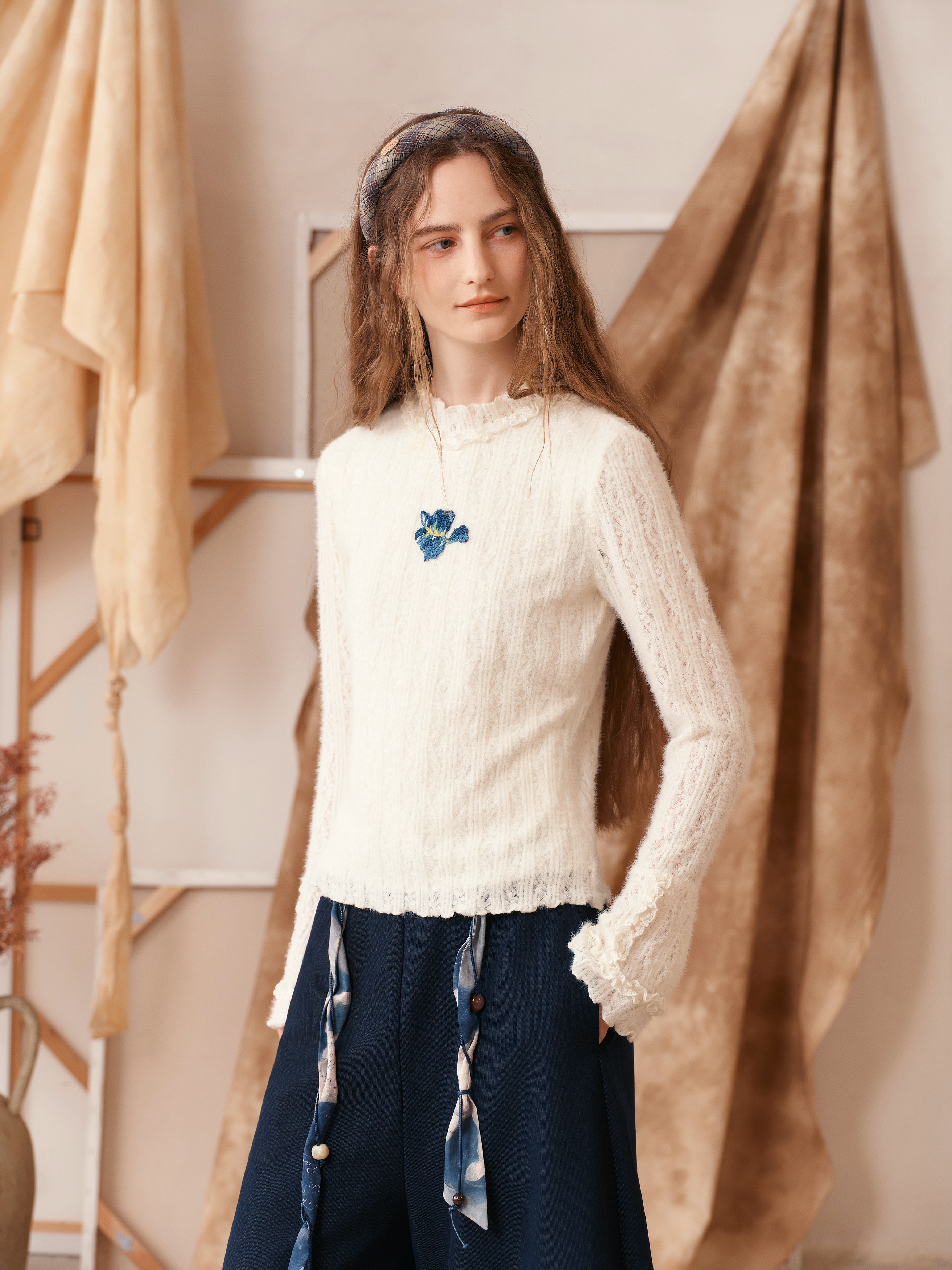 Mock Neck Printed Long Sleeve Wool Knit Top
