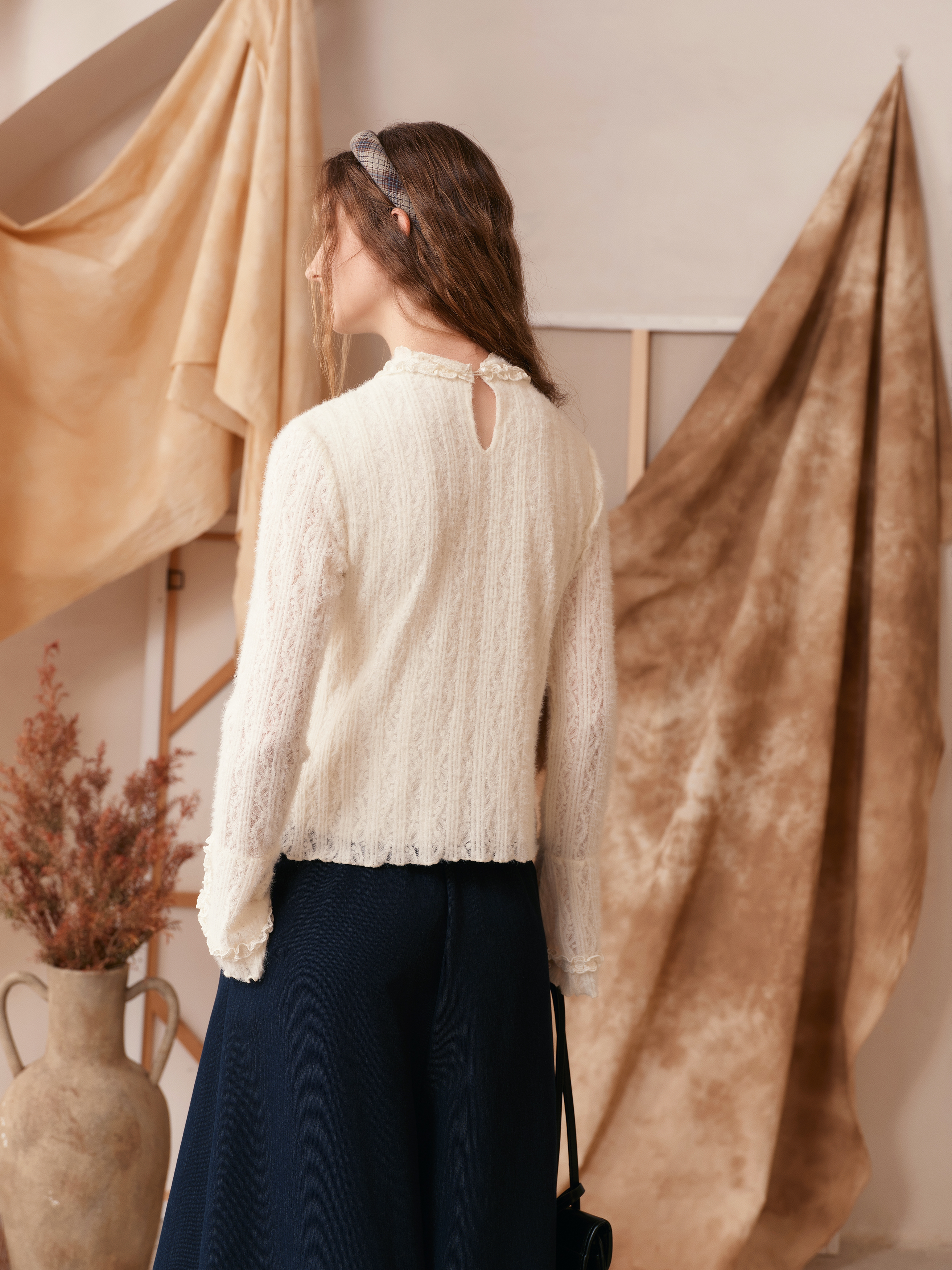 Mock Neck Printed Long Sleeve Wool Knit Top