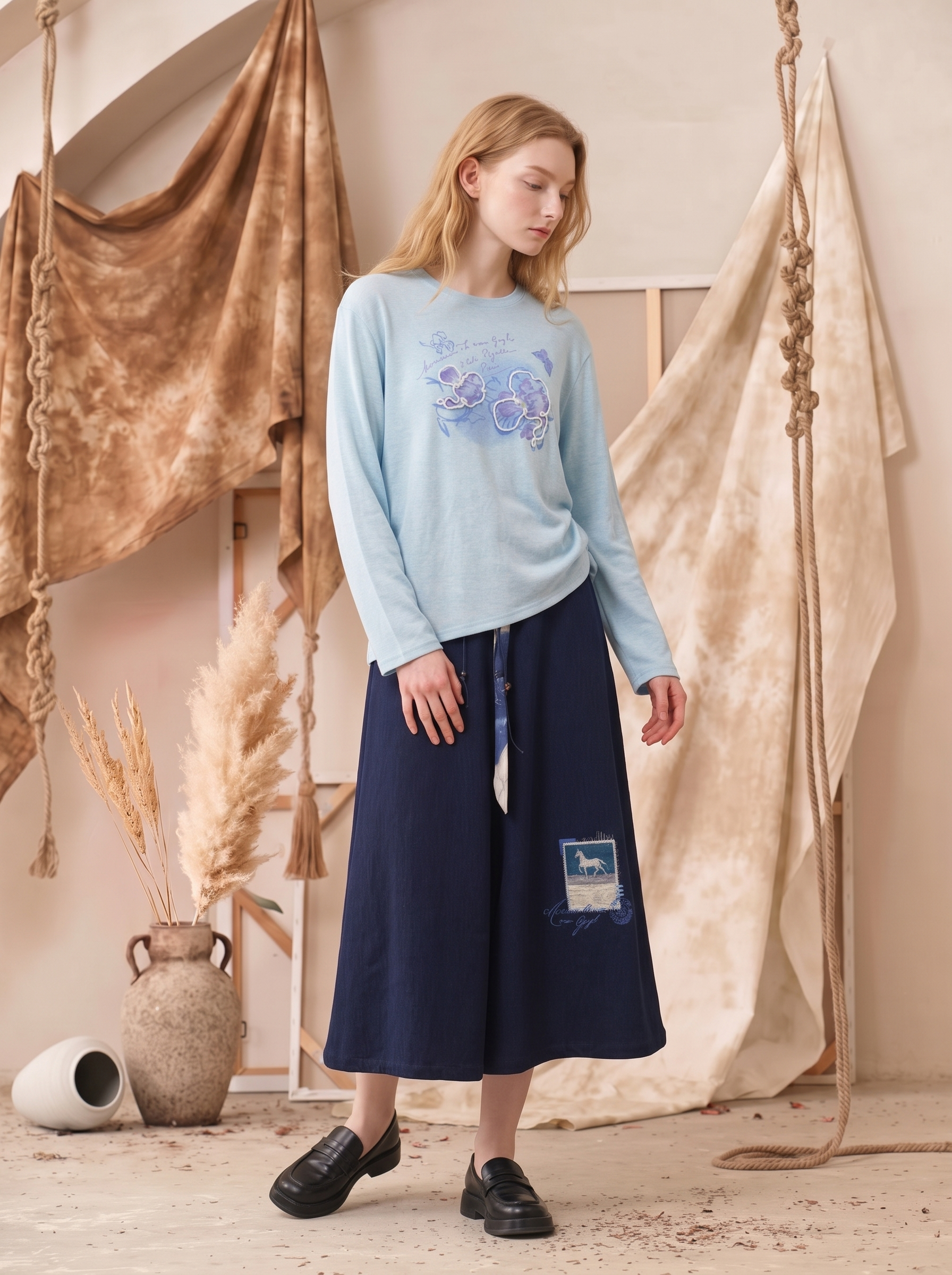 Printed Side Drawstring Cropped Wool Knit Top