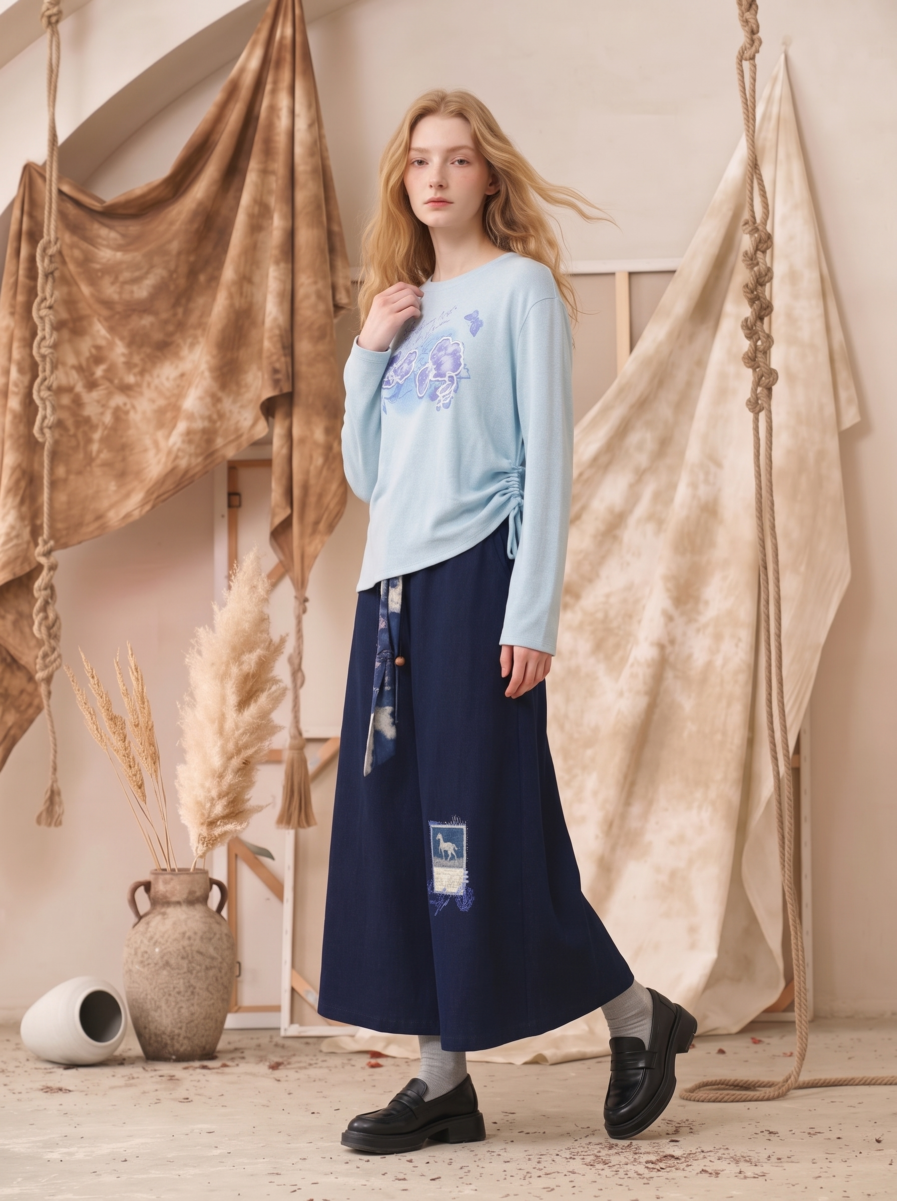 Printed Side Drawstring Cropped Wool Knit Top