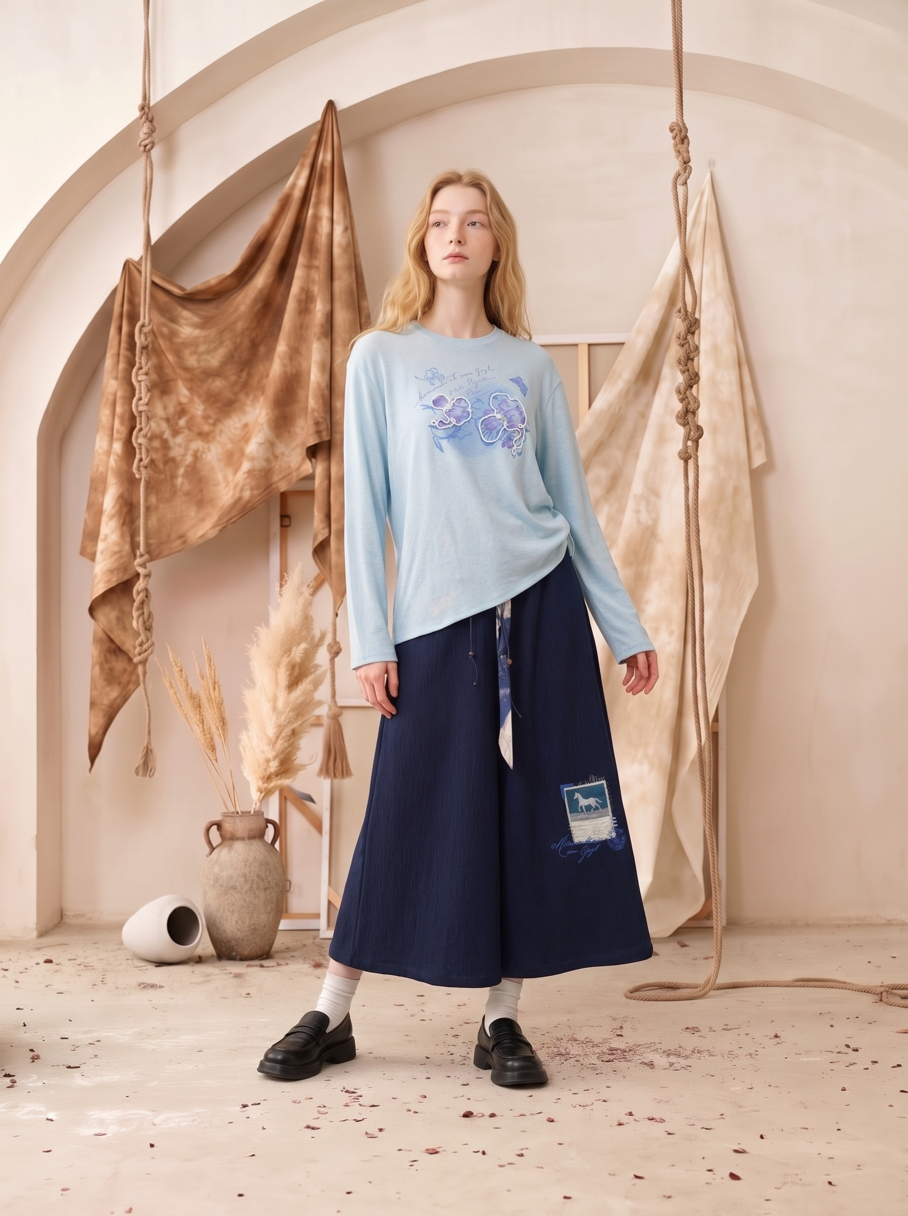 Printed Side Drawstring Cropped Wool Knit Top