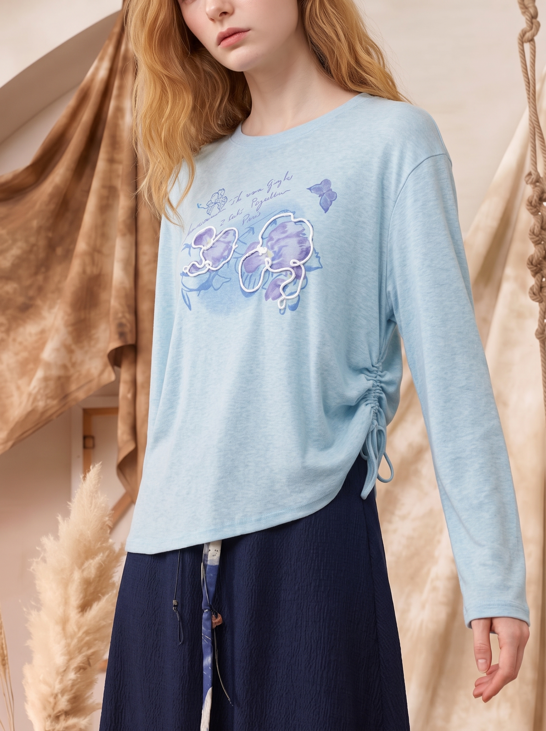 Printed Side Drawstring Cropped Wool Knit Top