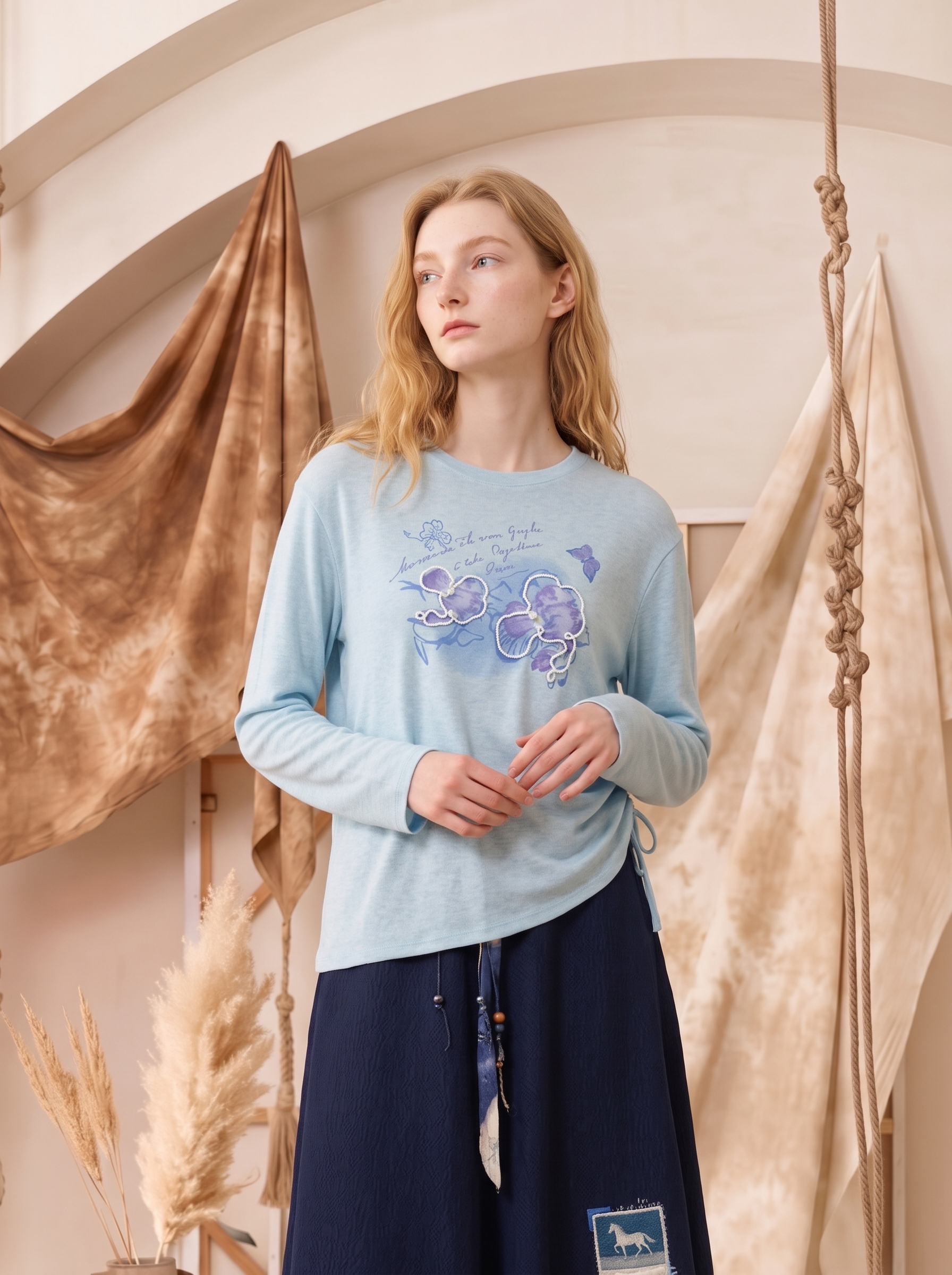 Printed Side Drawstring Cropped Wool Knit Top