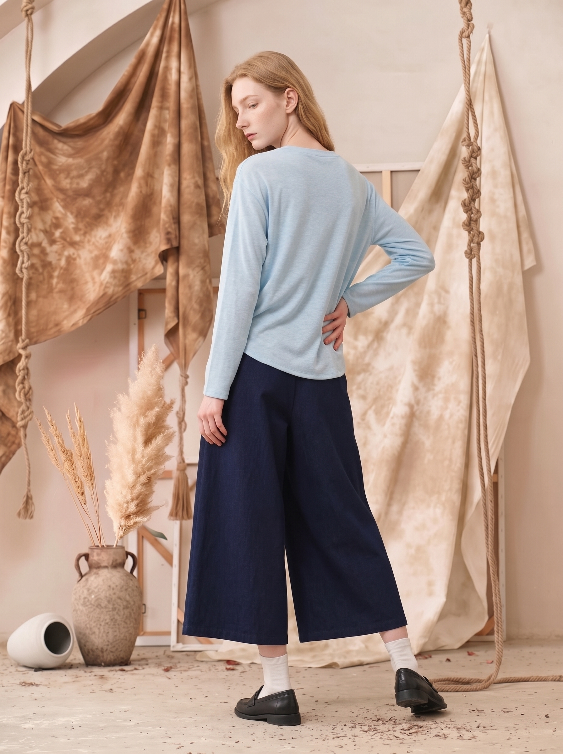 Printed Side Drawstring Cropped Wool Knit Top