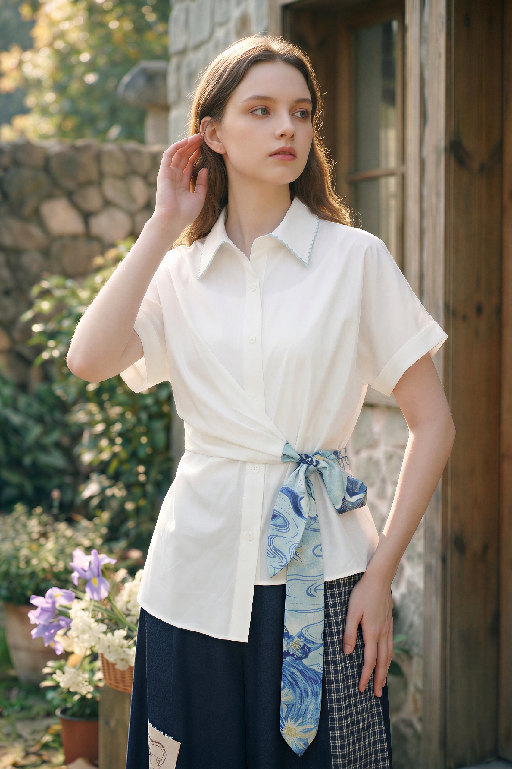 Lapel Waist-Cinched Shirt