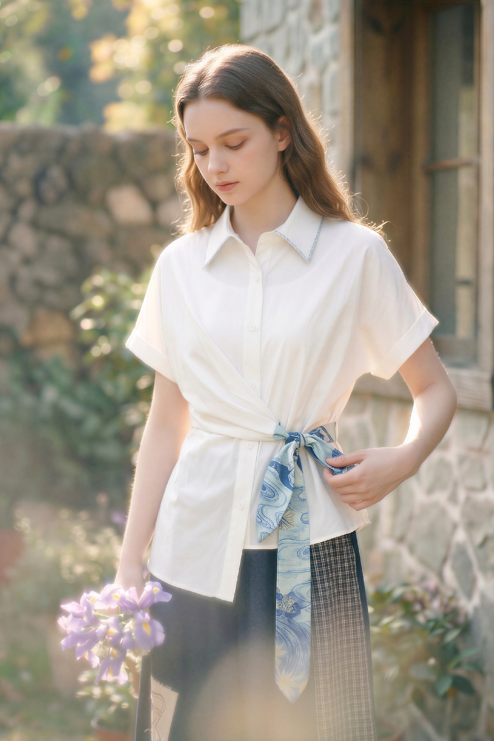 Lapel Waist-Cinched Shirt