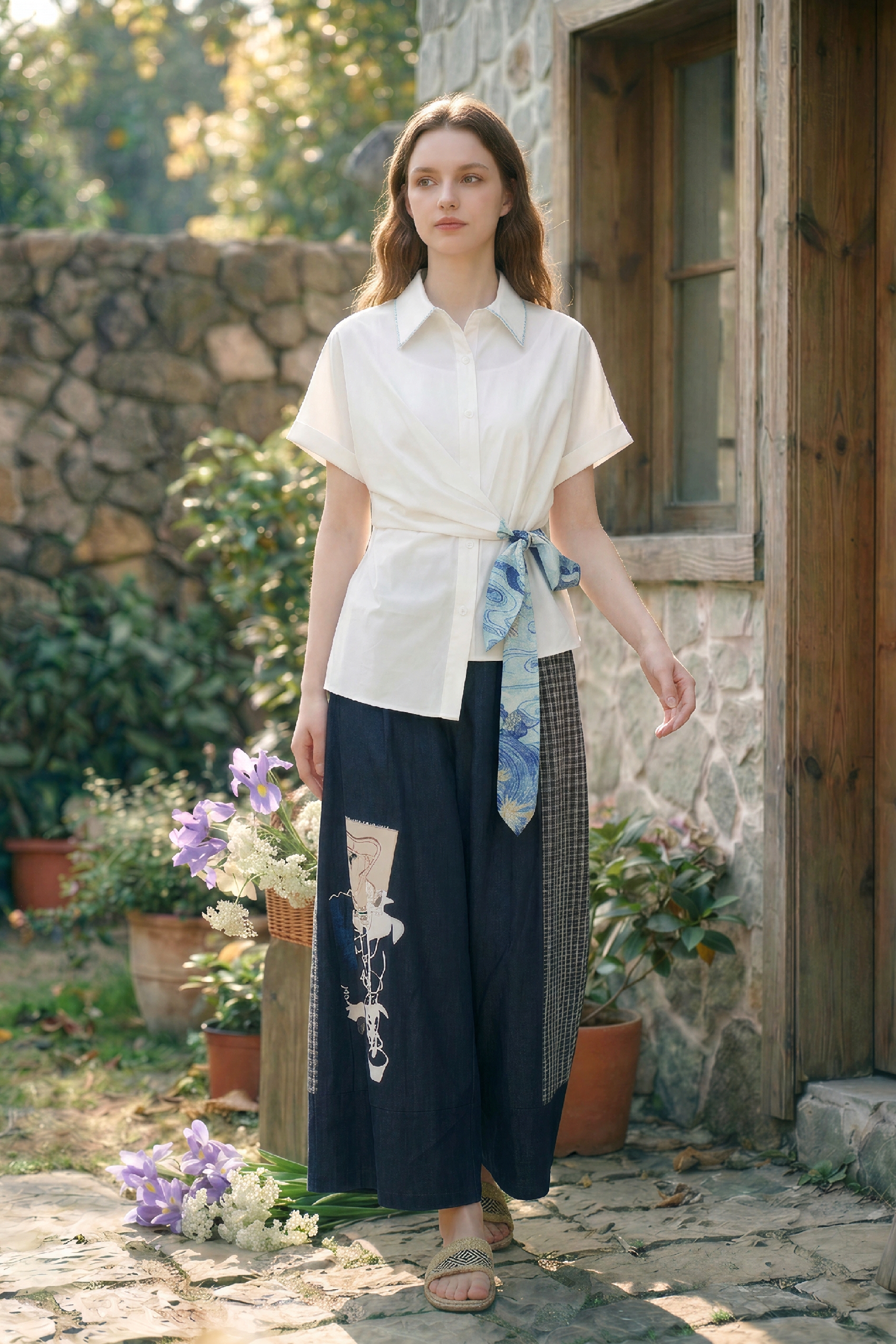 Lapel Waist-Cinched Shirt