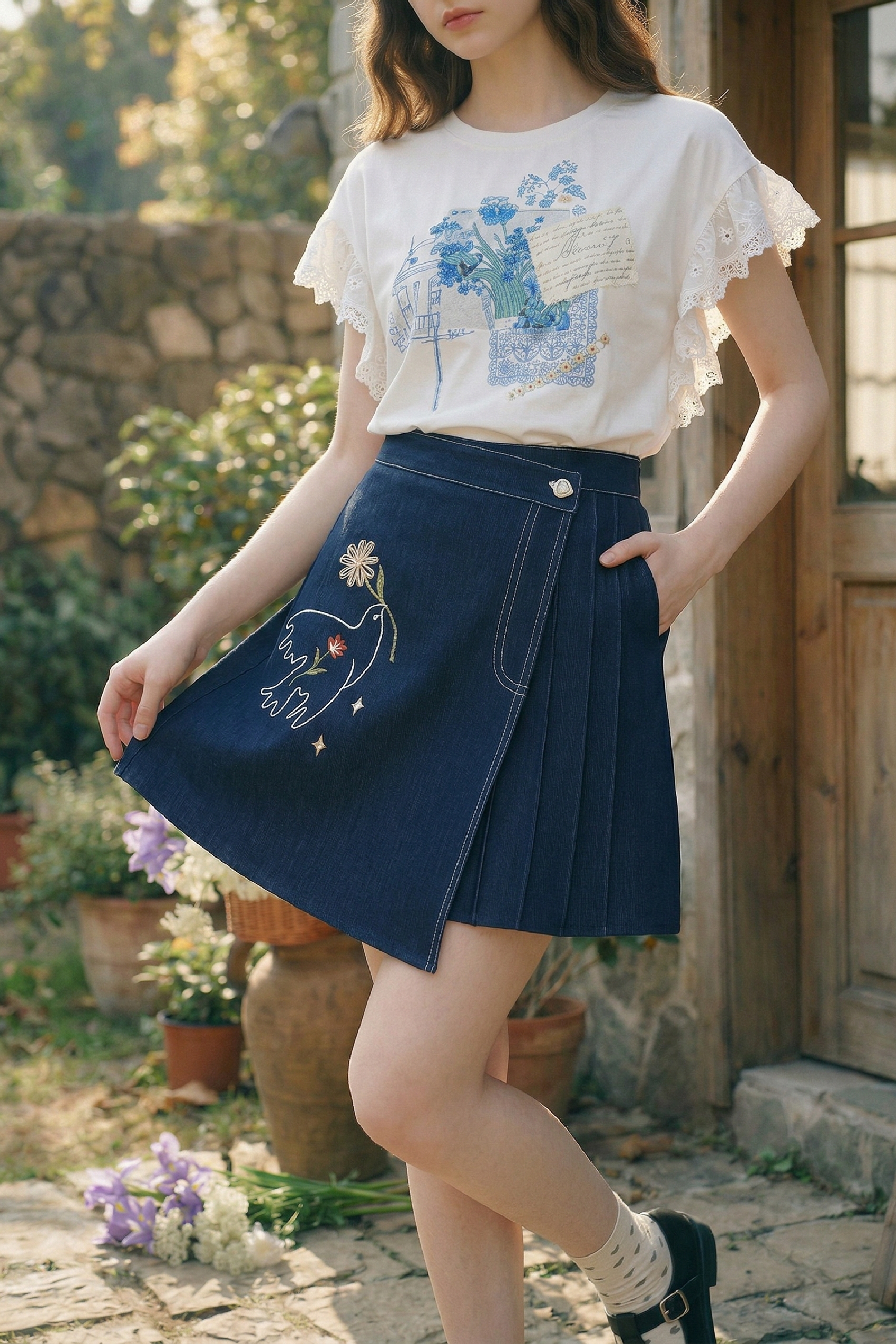 Denim Embroidered Skirt