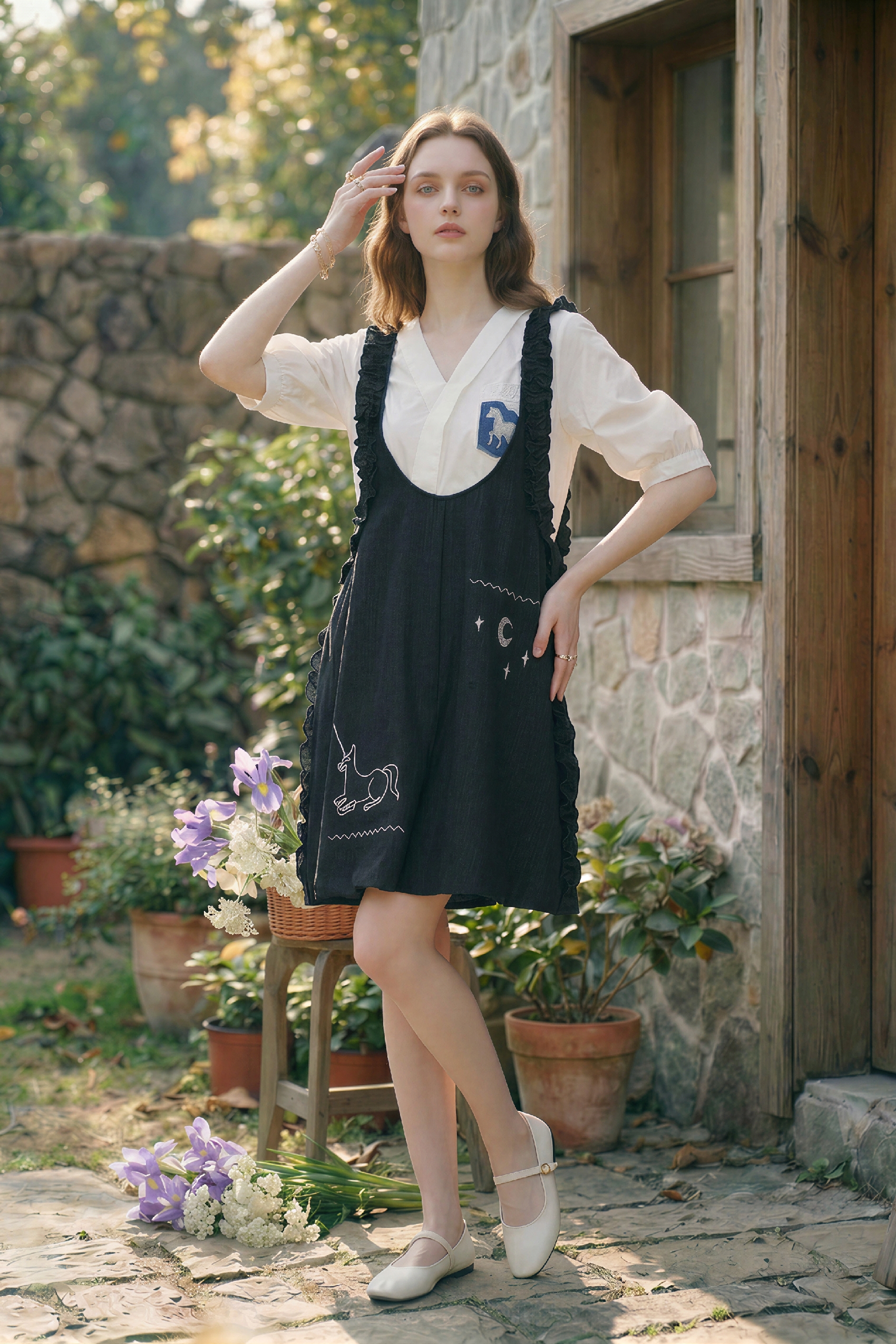 Embroidered Denim Overalls