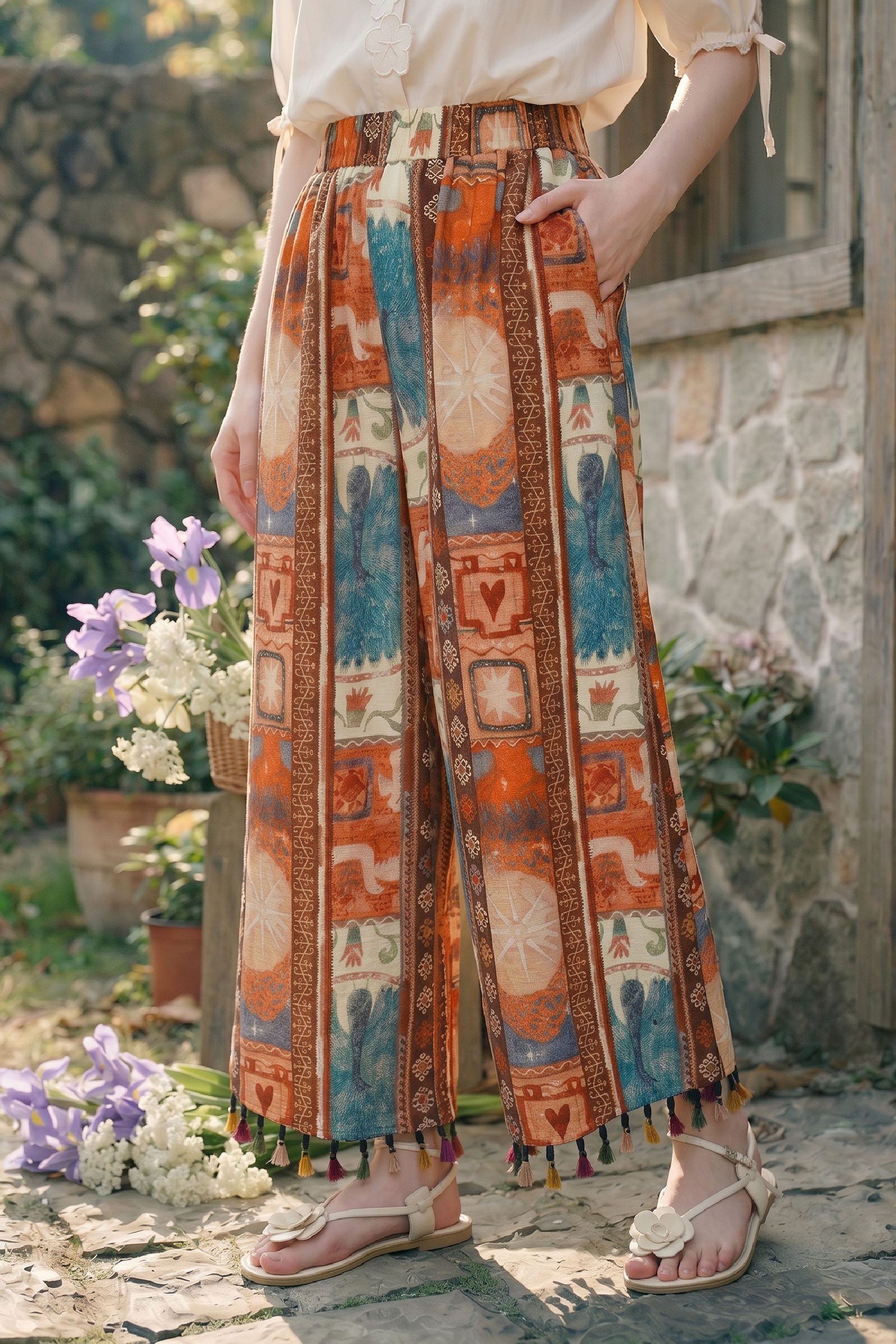 Printed Fringe Wide-leg Pants