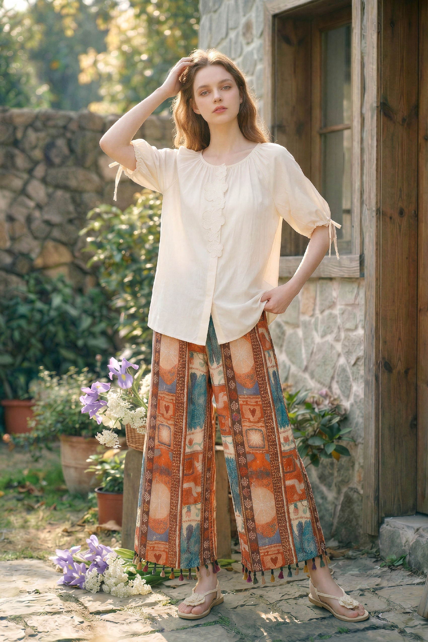 Printed Fringe Wide-leg Pants