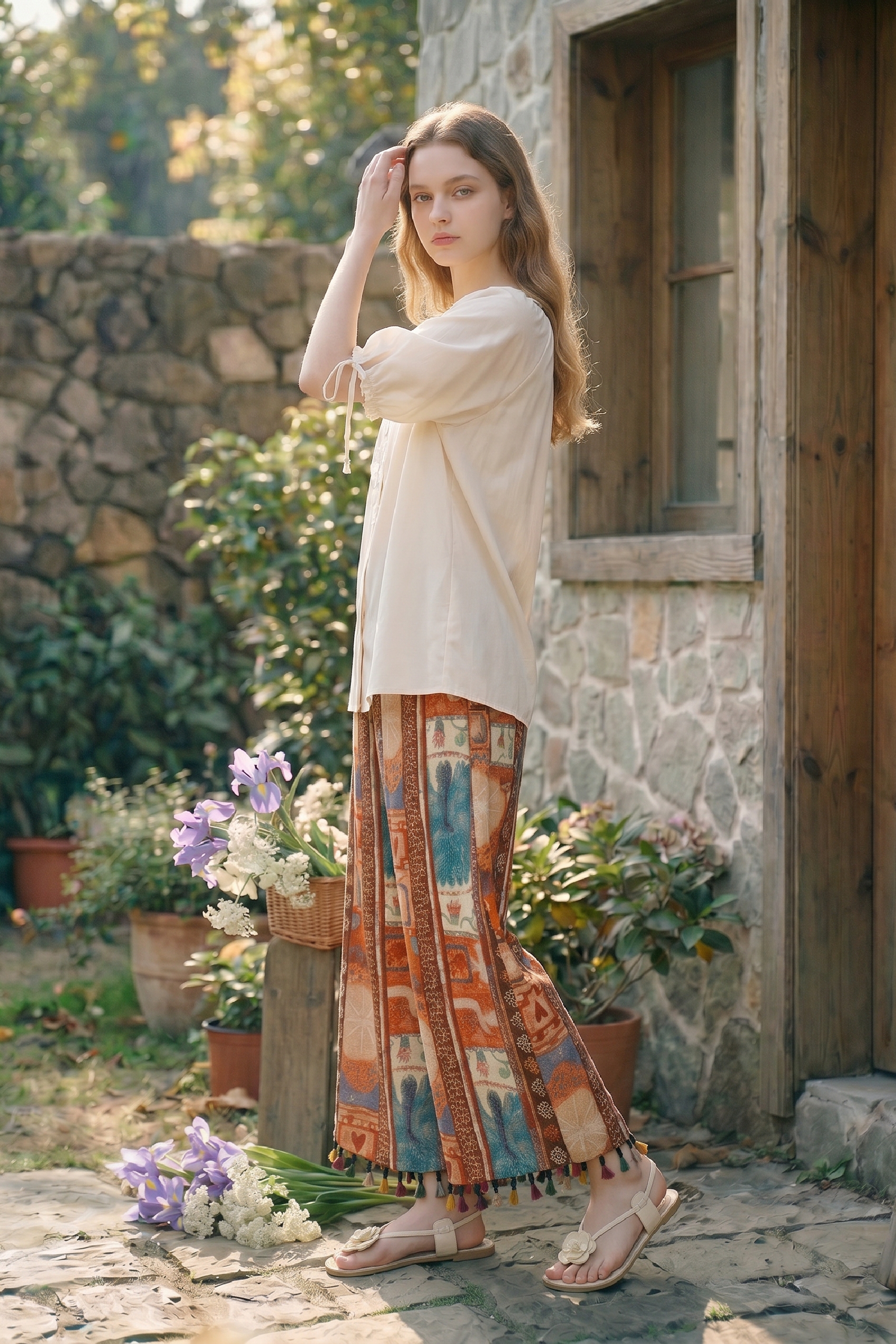 Printed Fringe Wide-leg Pants
