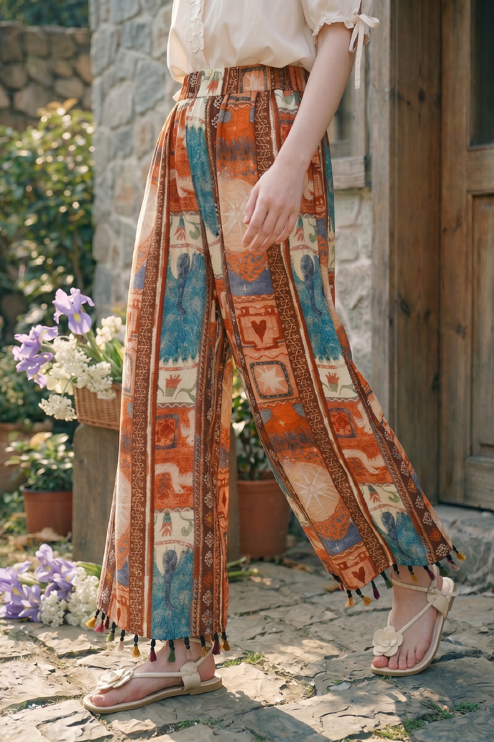 Printed Fringe Wide-leg Pants