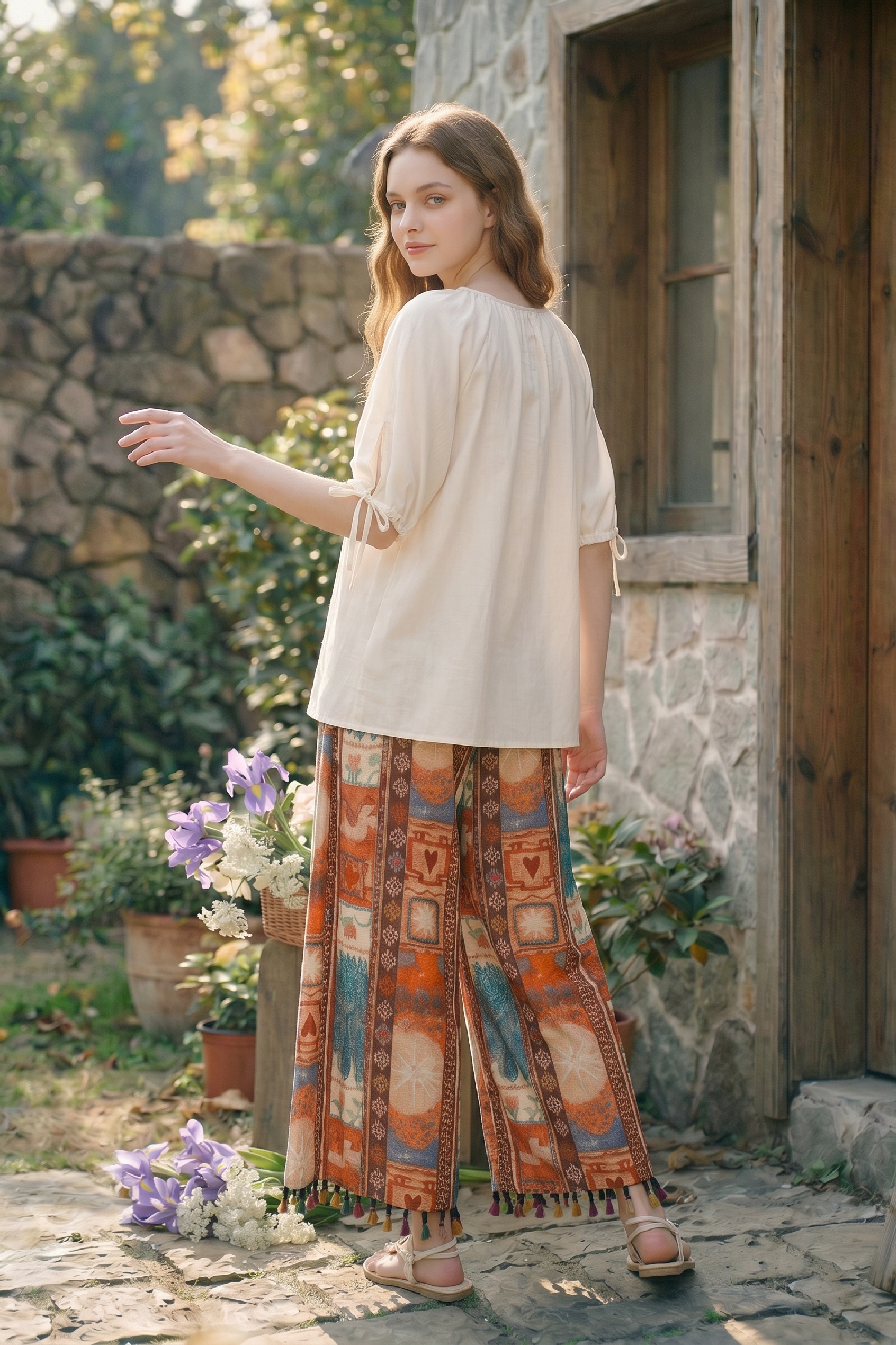Printed Fringe Wide-leg Pants