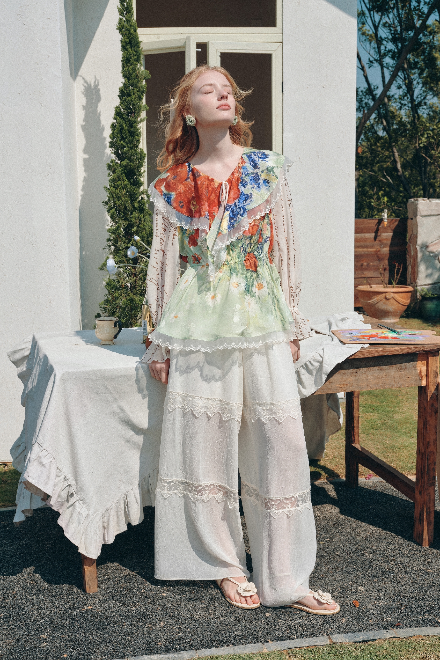 Oil Painting Lace Chiffon Blouse
