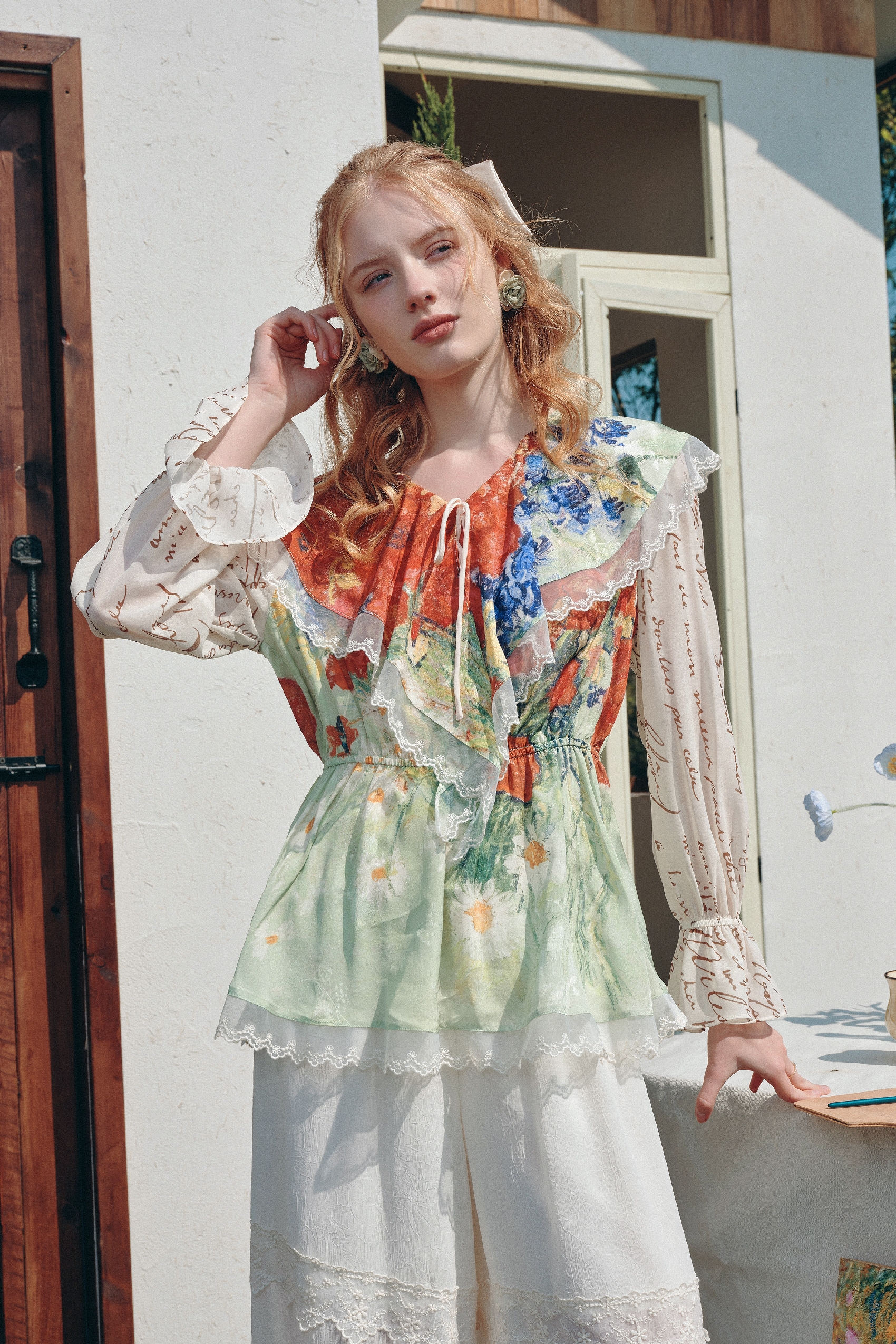 Oil Painting Lace Chiffon Blouse