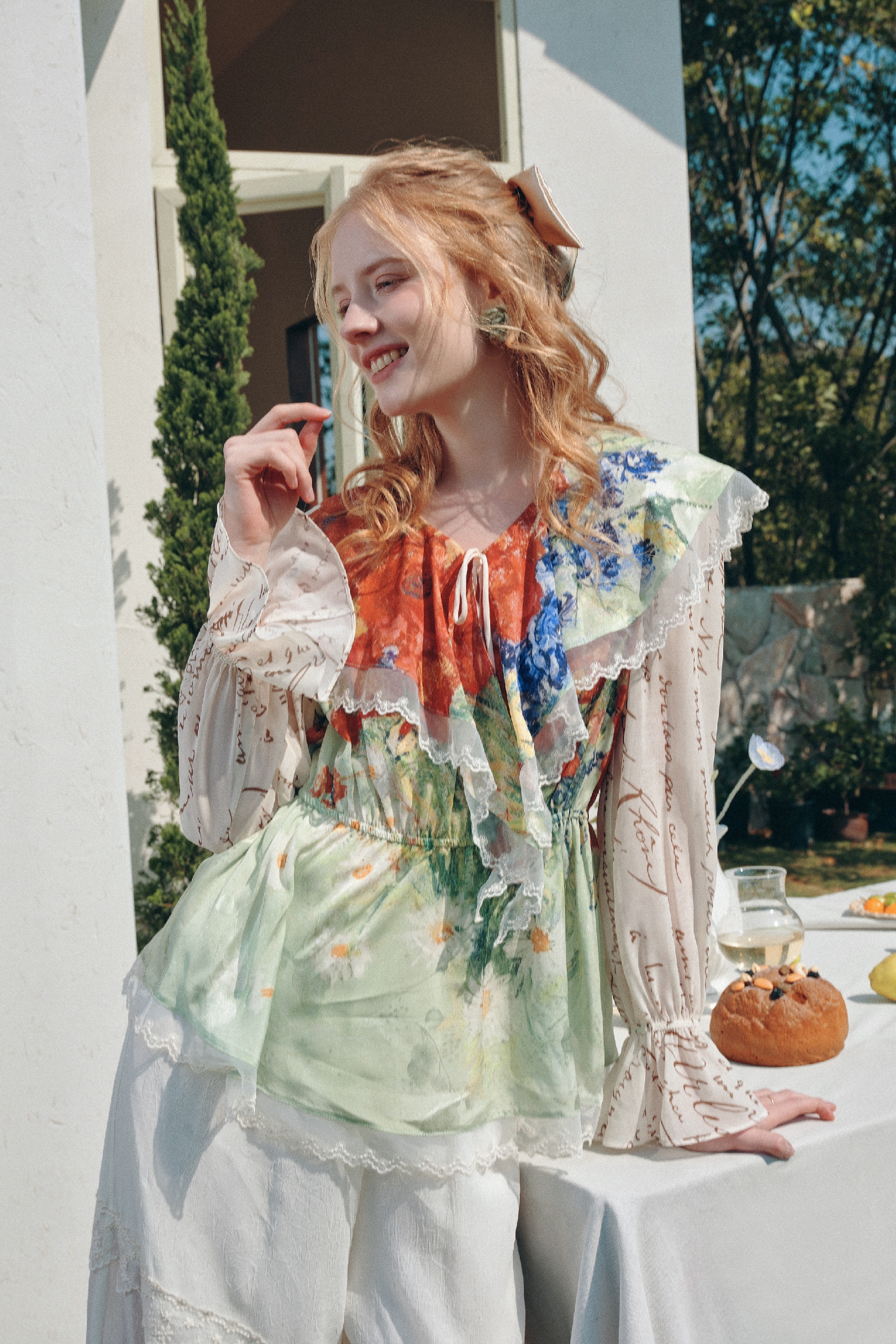 Oil Painting Lace Chiffon Blouse