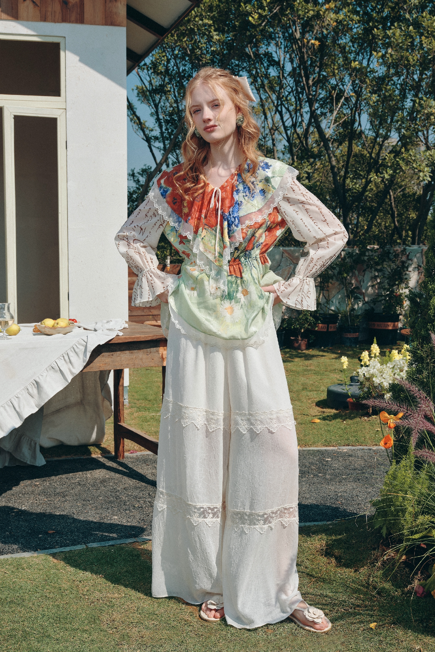 Oil Painting Lace Chiffon Blouse