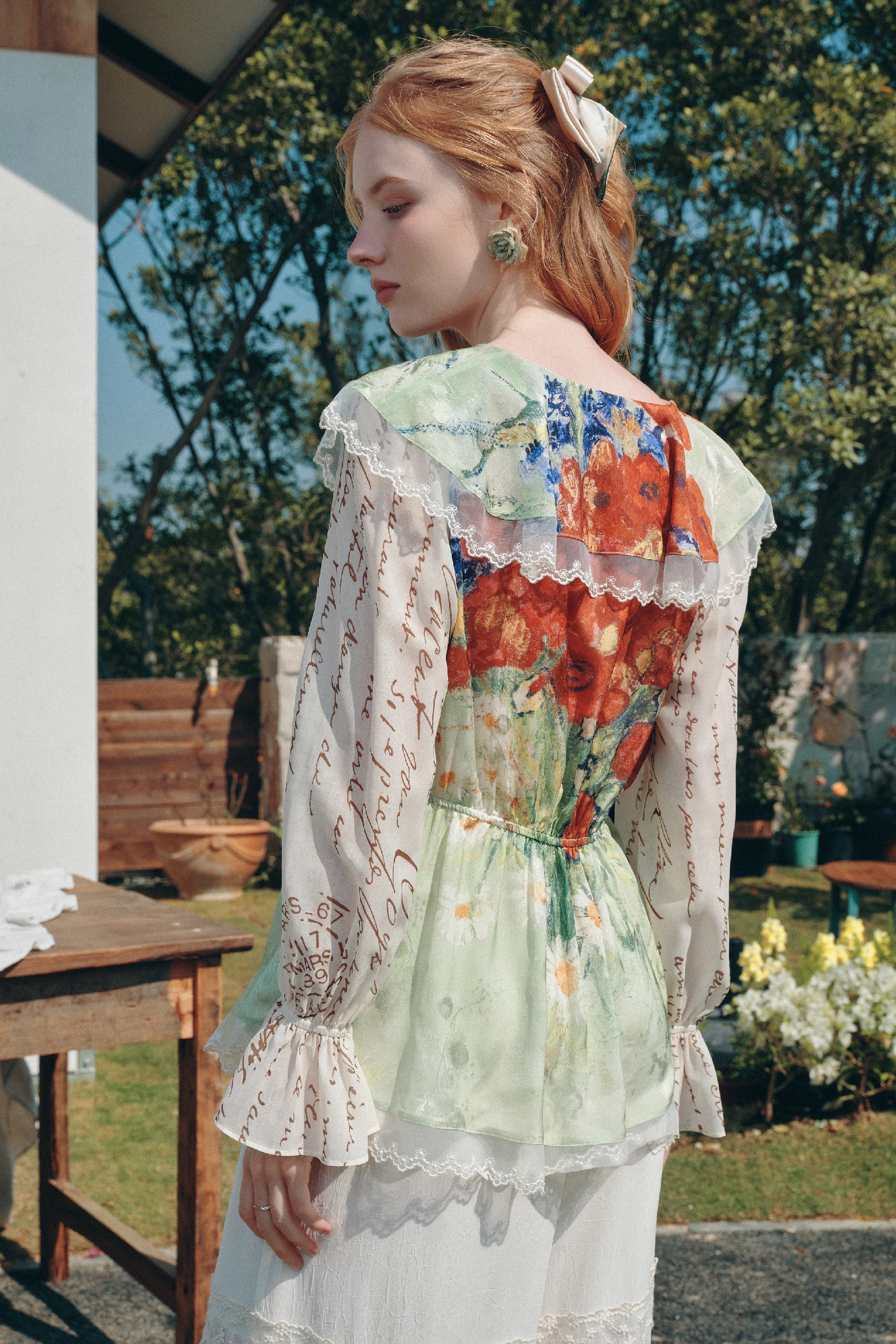 Oil Painting Lace Chiffon Blouse