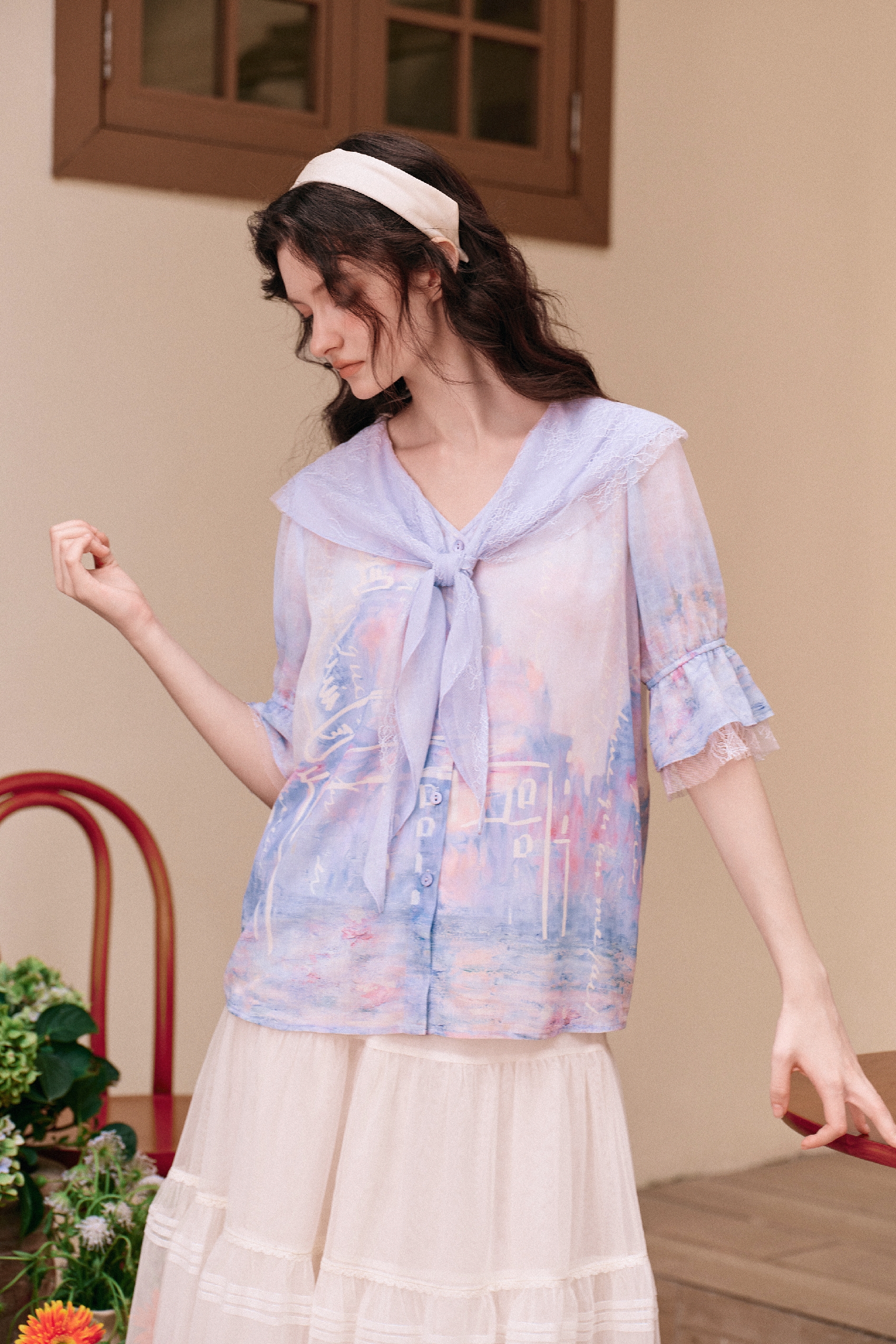 Floral Print Bell-sleeve Chiffon Shirt