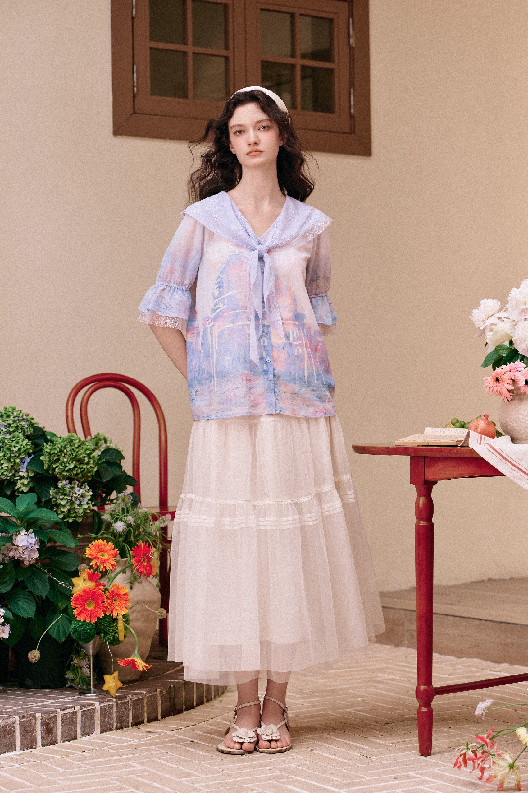 Floral Print Bell-sleeve Chiffon Shirt