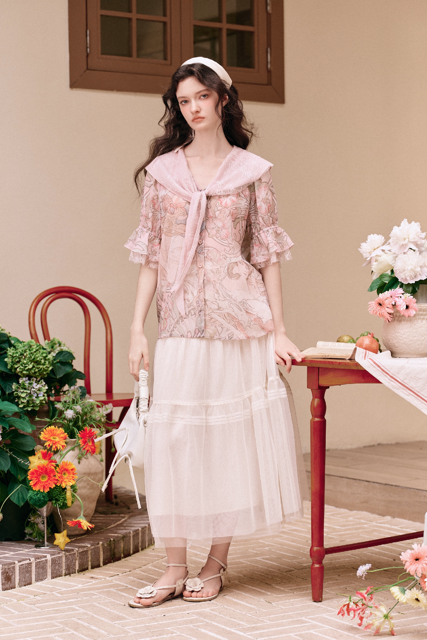 Floral Print Bell-sleeve Chiffon Shirt